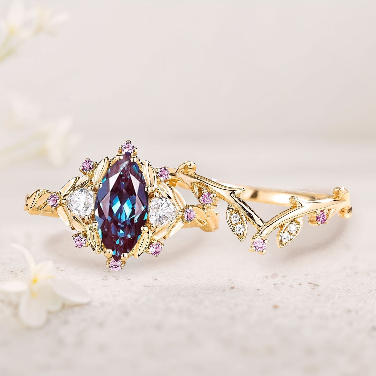 Unique Marquise Lab Alexandrite Vintage Pink Sapphire Leaf 18K Yellow Gold Wedding Ring Bridal Ring Set