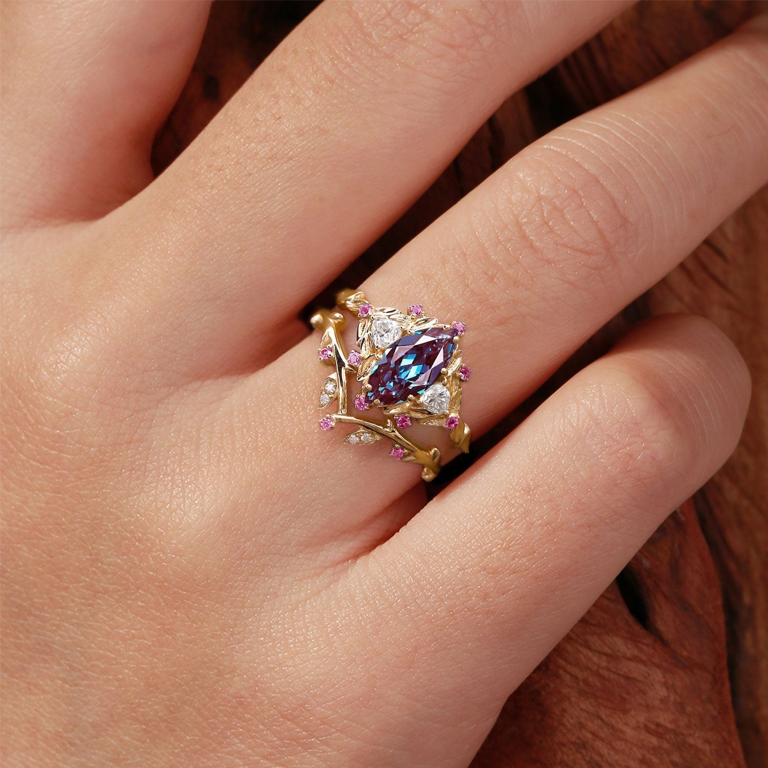 Unique Flower Engagement Ring Marquise Lab Alexandrite Vintage Pink Sapphire Leaf 18K Yellow Gold Wedding Ring Bridal Ring Set