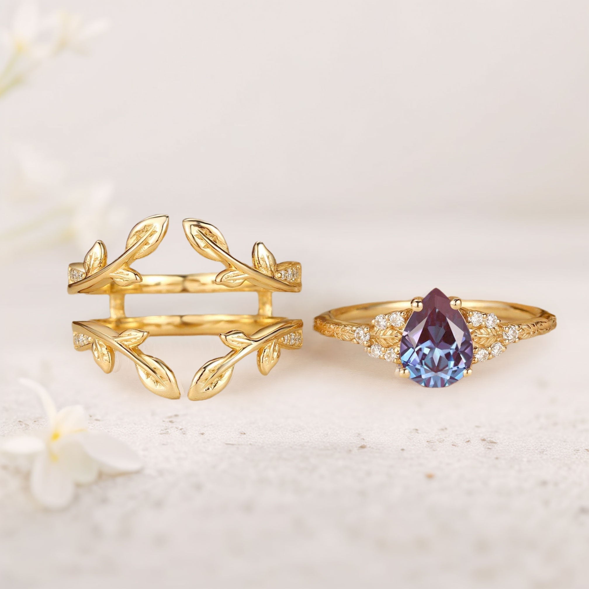 Unique floral engagement rings Pear Lab Alexandrite 18K Yellow Gold Double Curved Ring Set