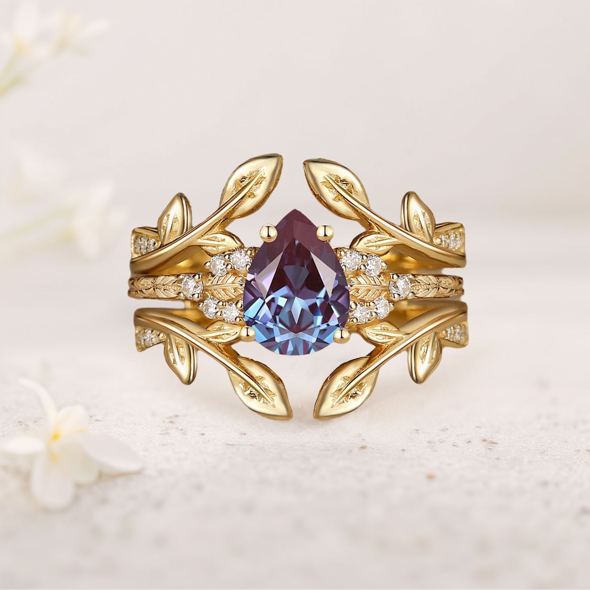Unique floral engagement rings Pear Lab Alexandrite 18K Yellow Gold Double Curved Ring Set
