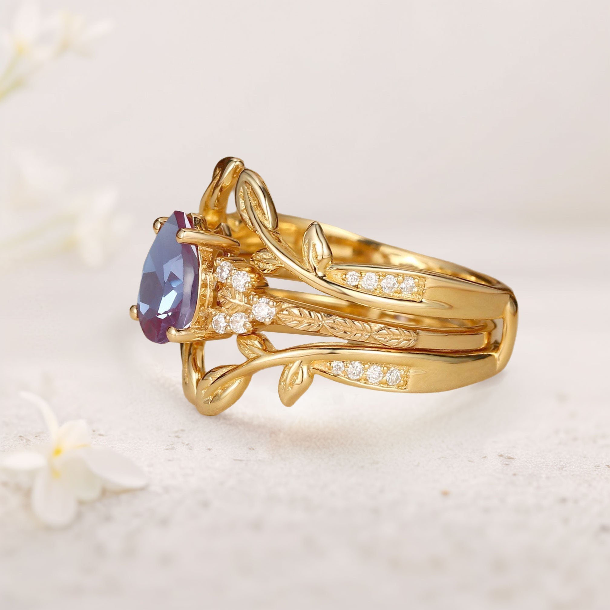 Unique floral engagement rings Pear Lab Alexandrite 18K Yellow Gold Double Curved Ring Set