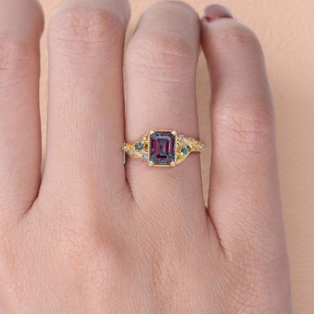 Vintage floral engagement rings Emerald cut Lab Alexandrite 18K Yellow Gold Engagement ring Promise ring