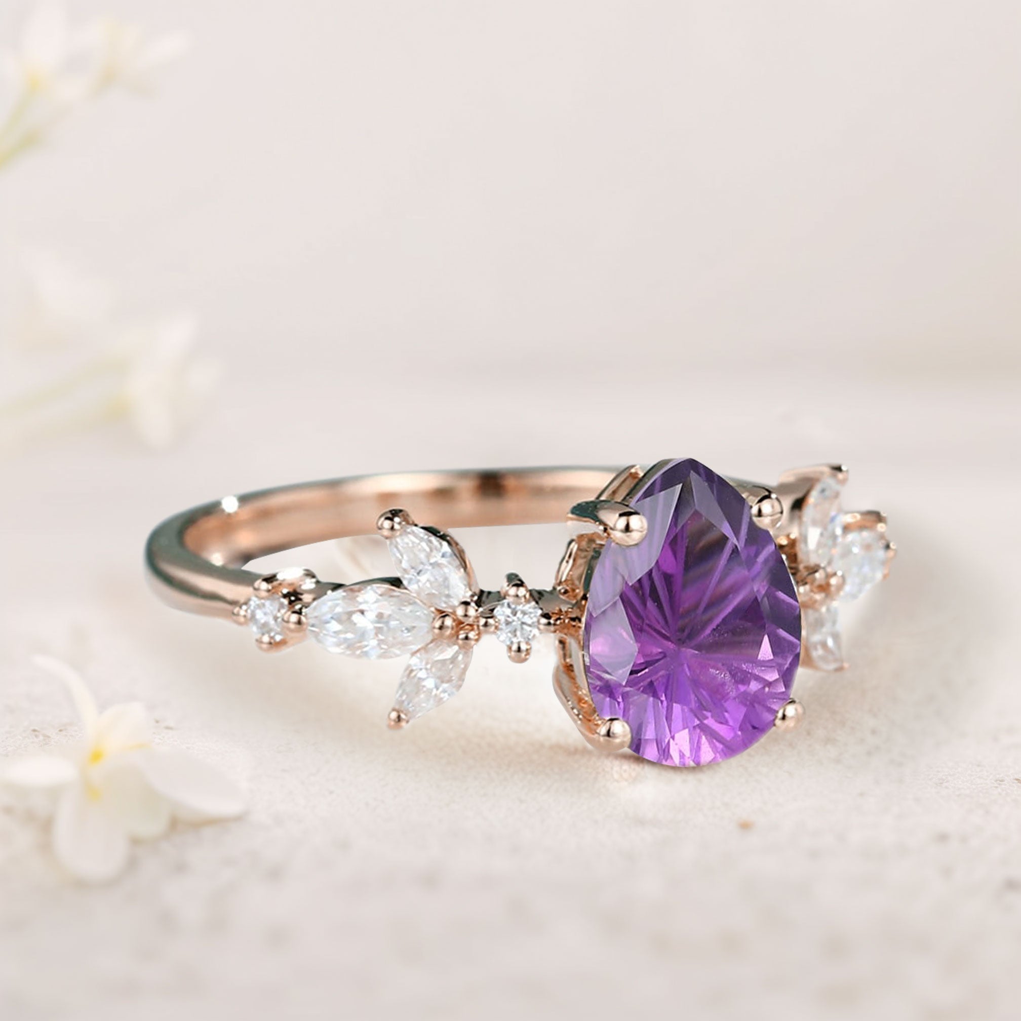 Unique Pear Amethyst Engagement Ring Moissanite 18K Rose Gold Side Stone Ring