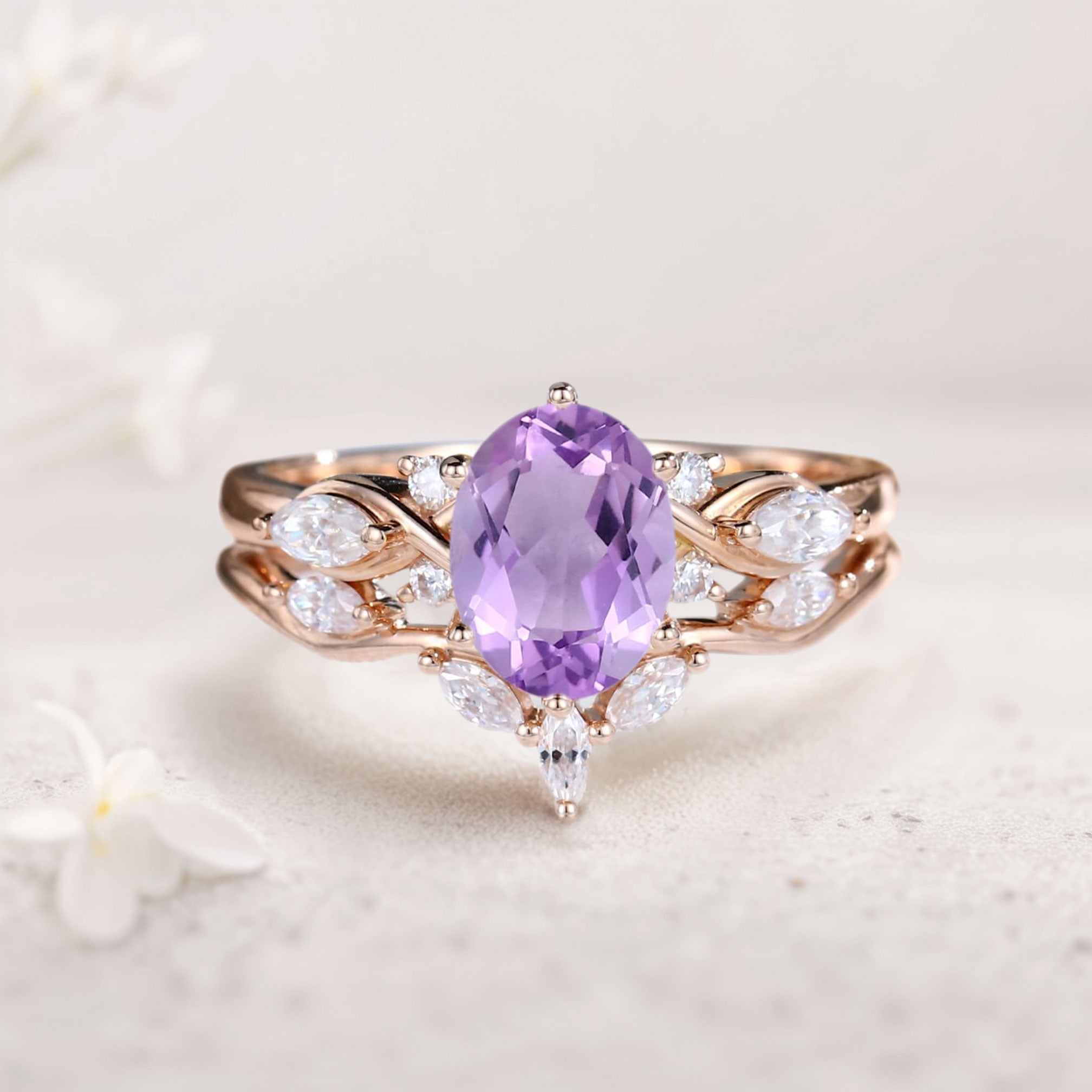 Vintage Oval Amethyst and Moissanite Curved 18K Rose Gold Wedding Ring Set Bridal Ring Set