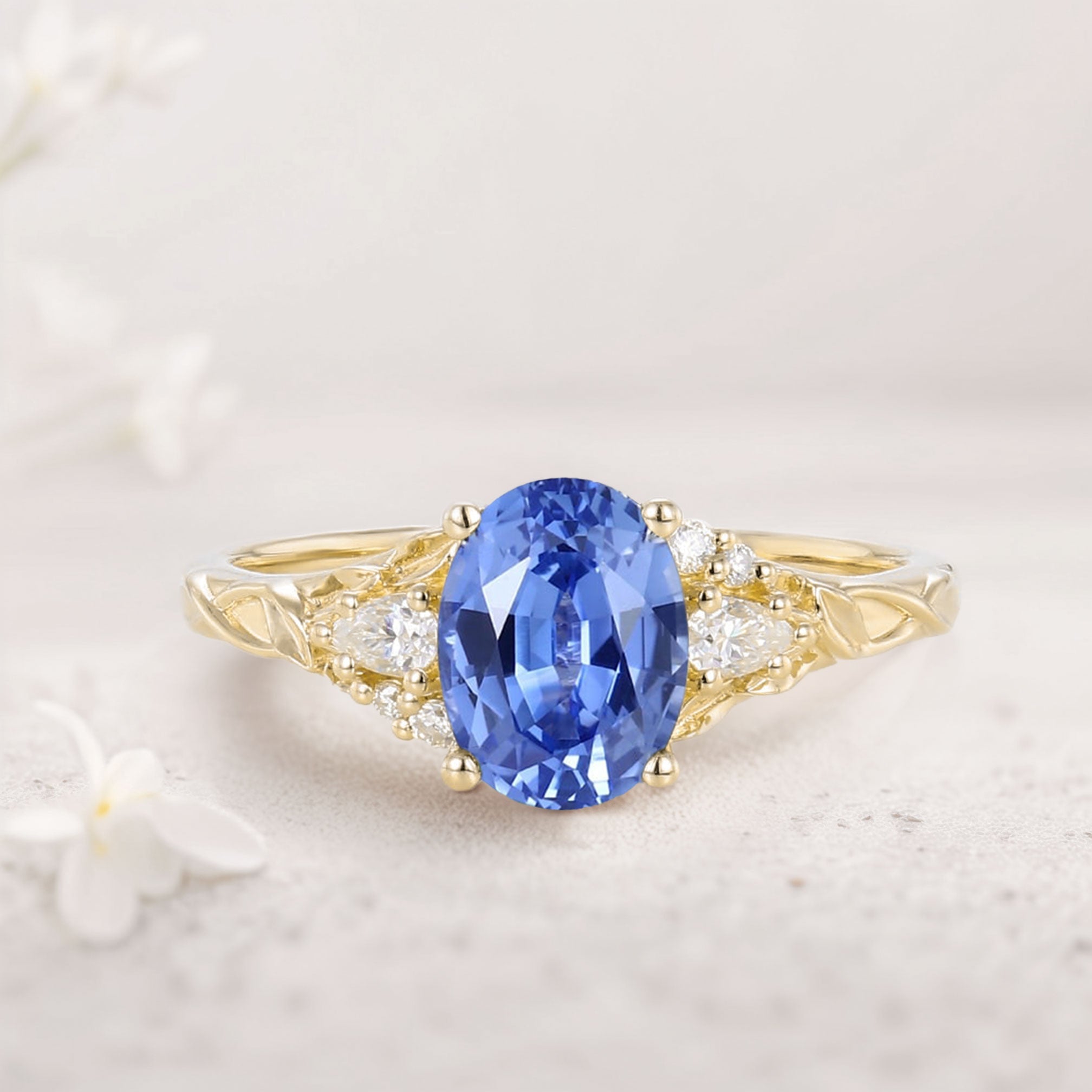 Unique Oval Lab Sapphire and Moissanite 18K Yellow Gold Wedding Ring
