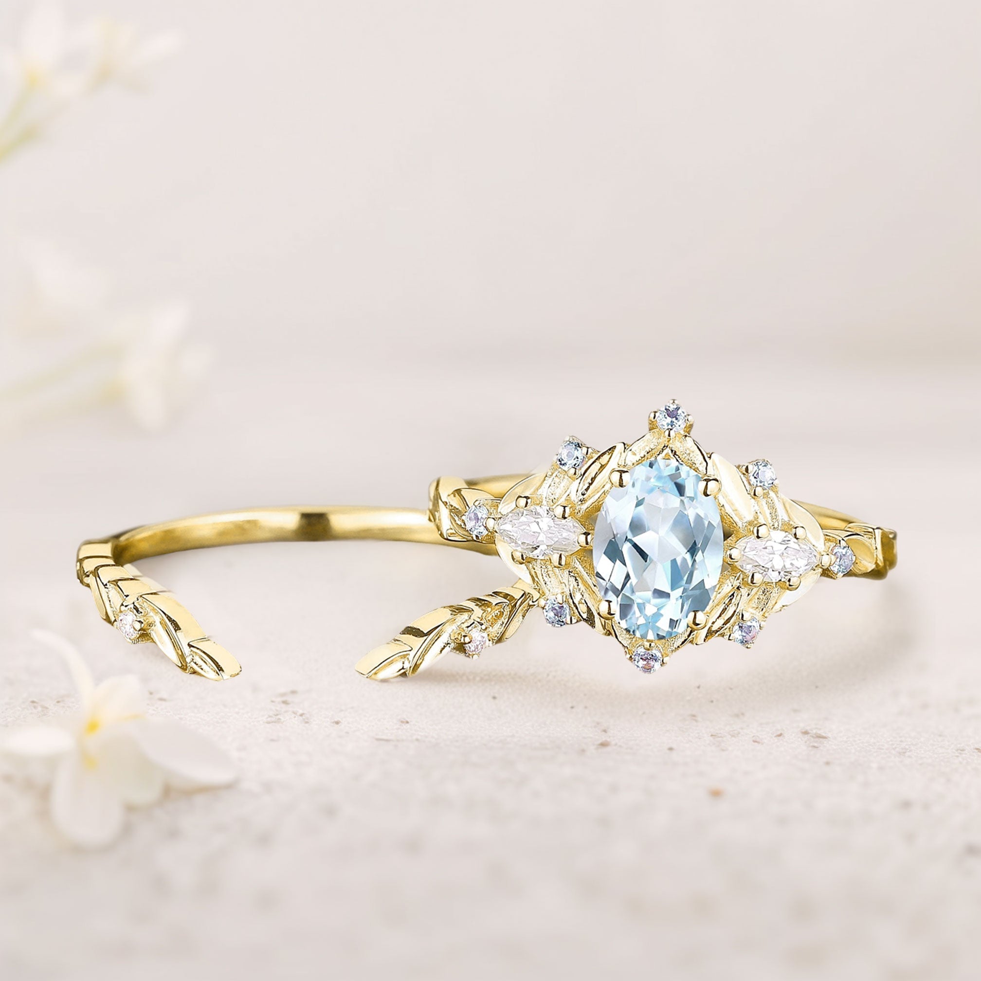Unique Oval Lab Aquamarine Flower Engagement Ring Set Delicate Aquamarine Leaf 18K Yellow Gold Wedding Ring Set