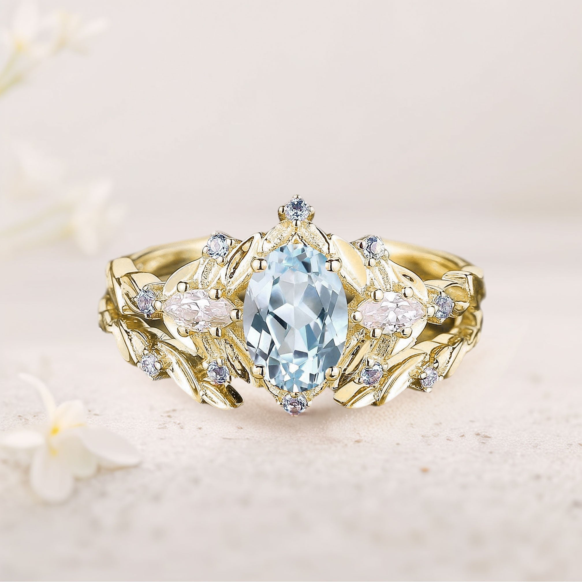 Unique Oval Lab Aquamarine Flower Engagement Ring Set Delicate Aquamarine Leaf 18K Yellow Gold Wedding Ring Set