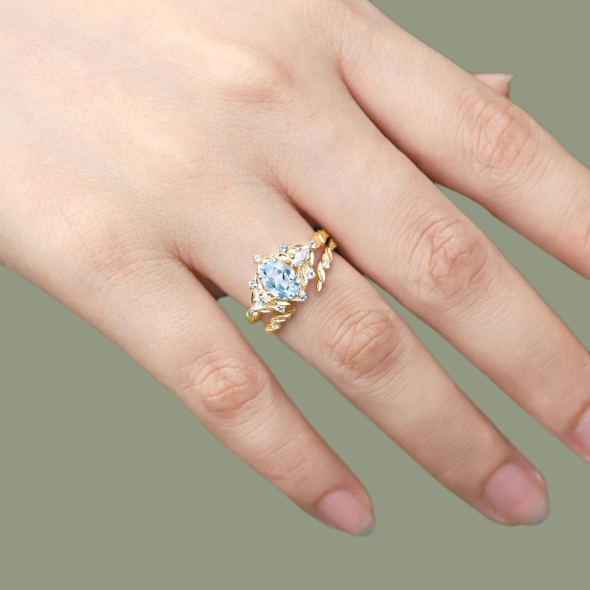 Unique Oval Lab Aquamarine Flower Engagement Ring Set Delicate Aquamarine Leaf 18K Yellow Gold Wedding Ring Set