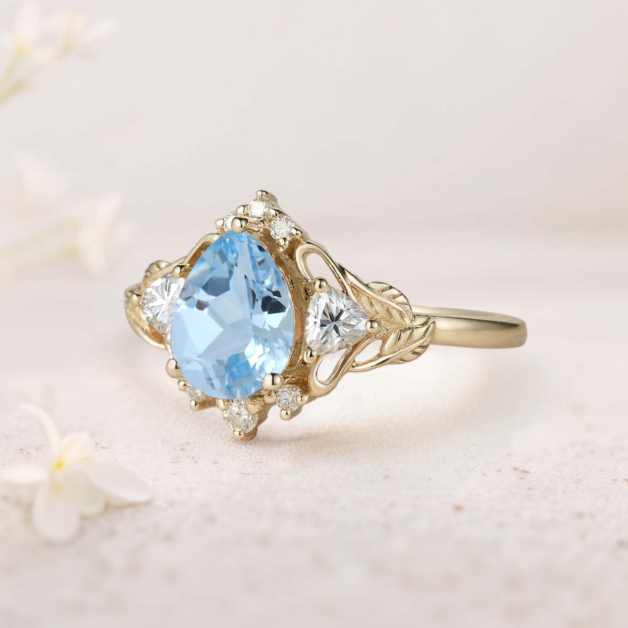 Unique floral engagement rings Pear Lab Aquamarine and Moissanite side stones Leaf Ring 18K Yellow Gold Engagement Ring