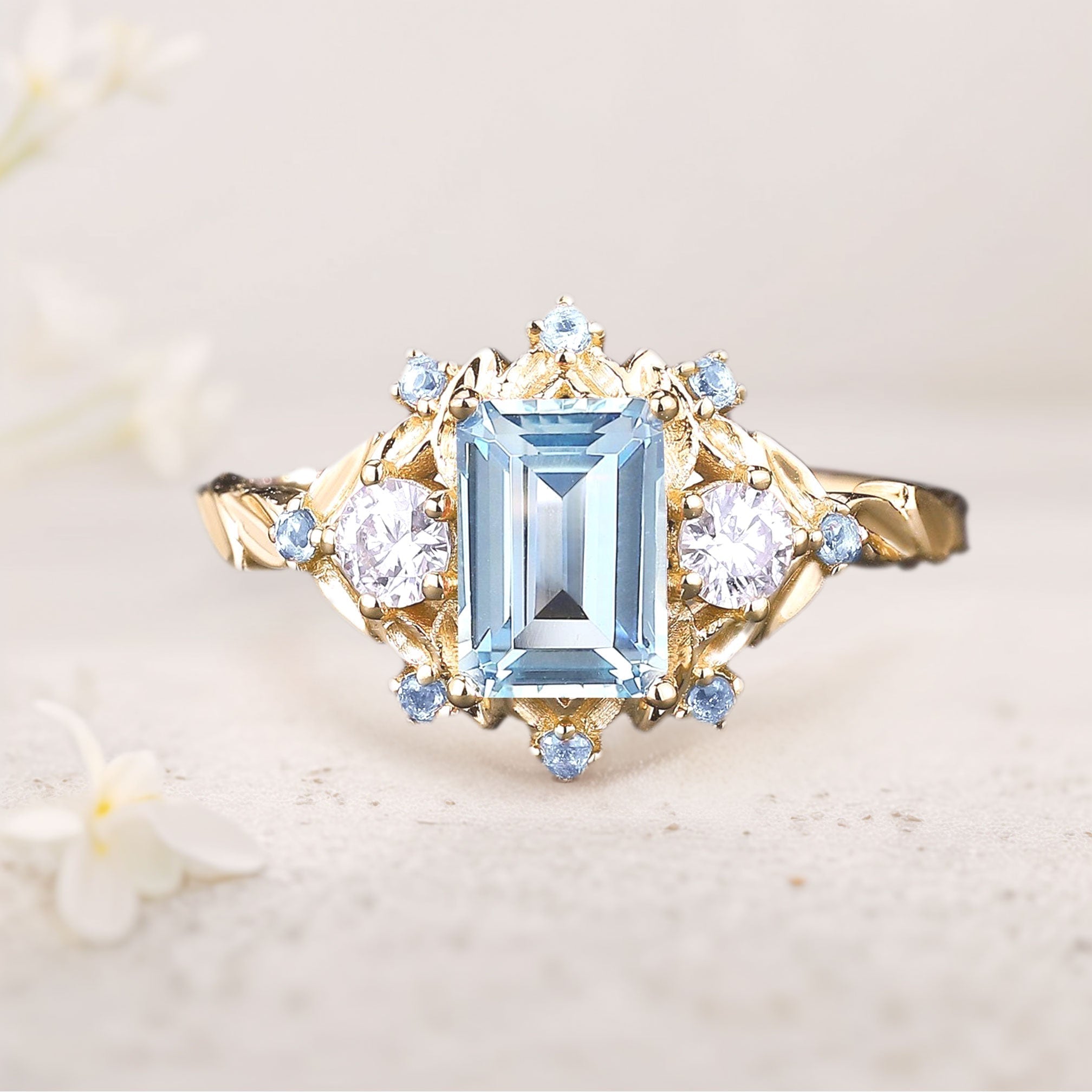 Unique floral engagement rings emerald cut Lab Aquamarine Leaf 18K Yellow Gold Engagement Ring Promise Ring