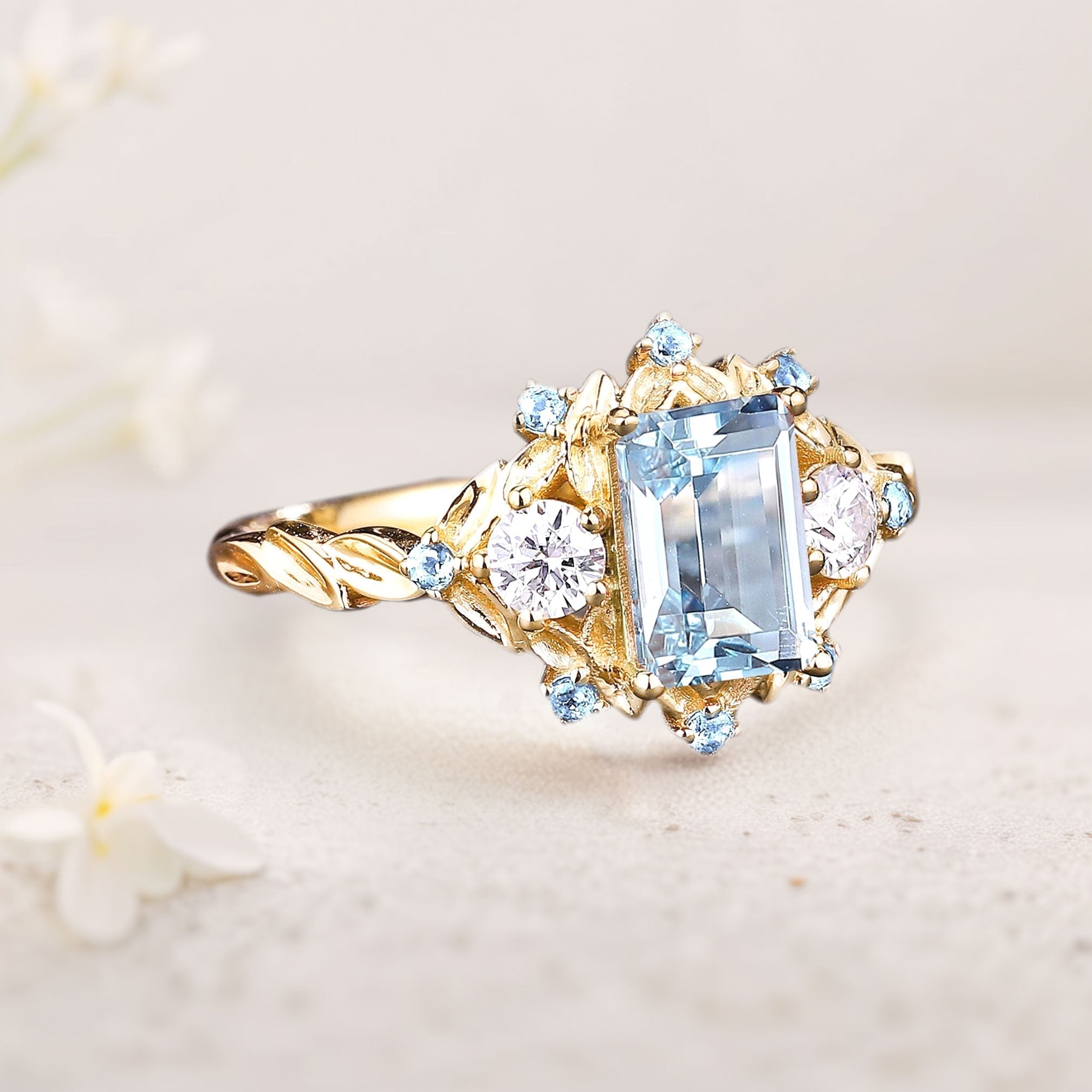 Unique floral engagement rings emerald cut Lab Aquamarine Leaf 18K Yellow Gold Engagement Ring Promise Ring