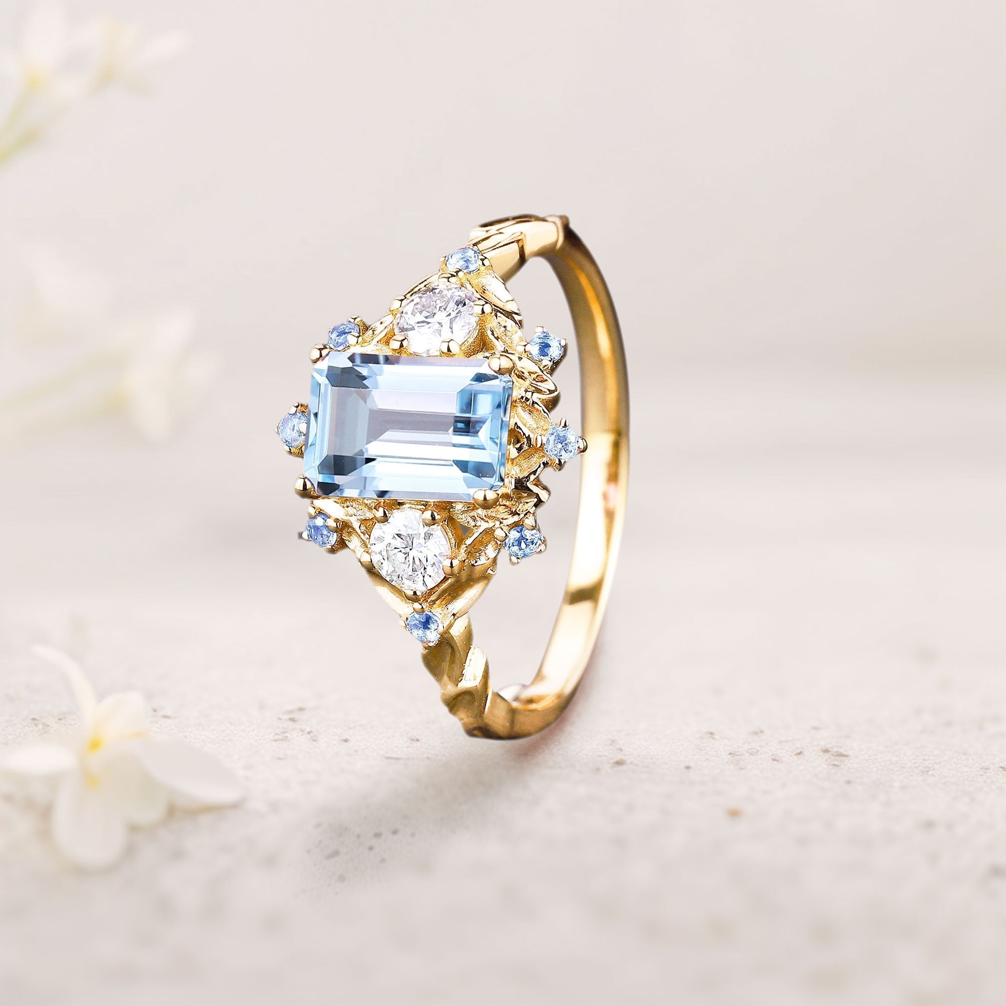 Unique floral engagement rings emerald cut Lab Aquamarine Leaf 18K Yellow Gold Engagement Ring Promise Ring
