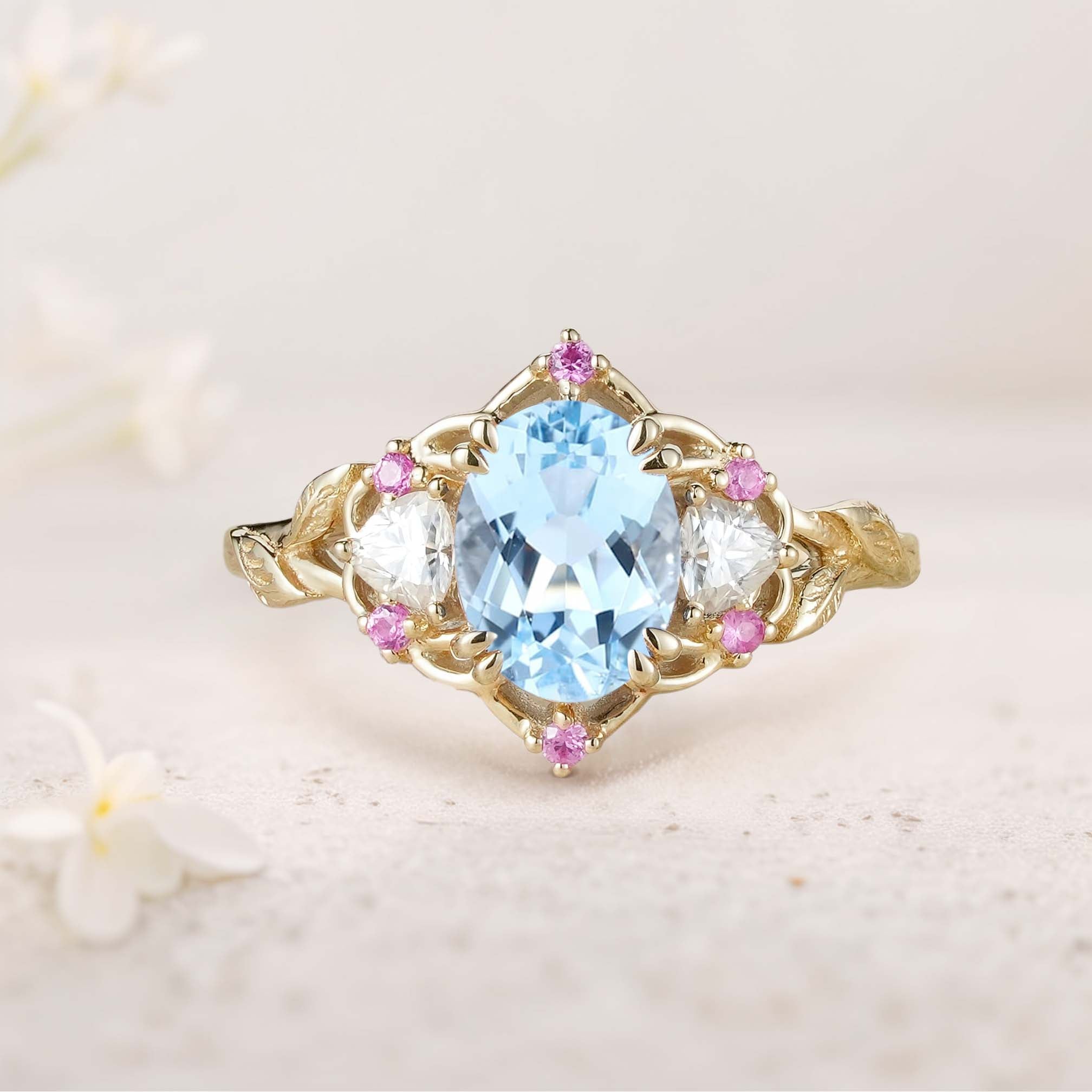 Unique Three Stone Oval Lab Aquamarine 18K Yellow Gold Engagement Ring
