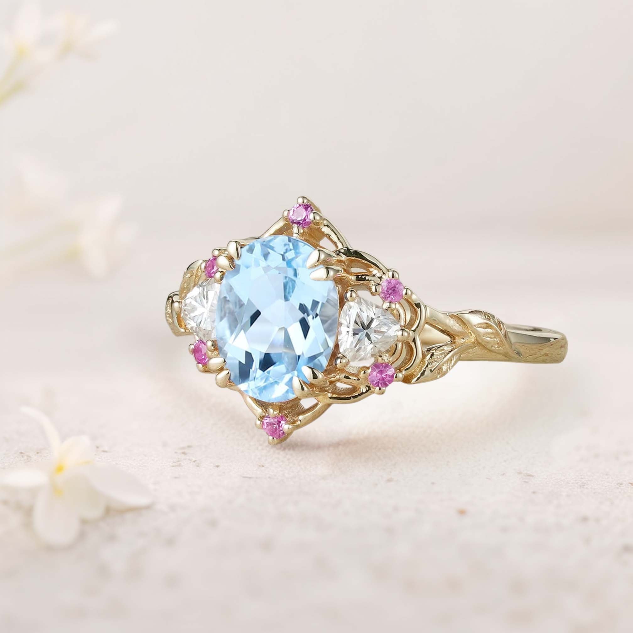 Unique Three Stone Oval Lab Aquamarine 18K Yellow Gold Engagement Ring