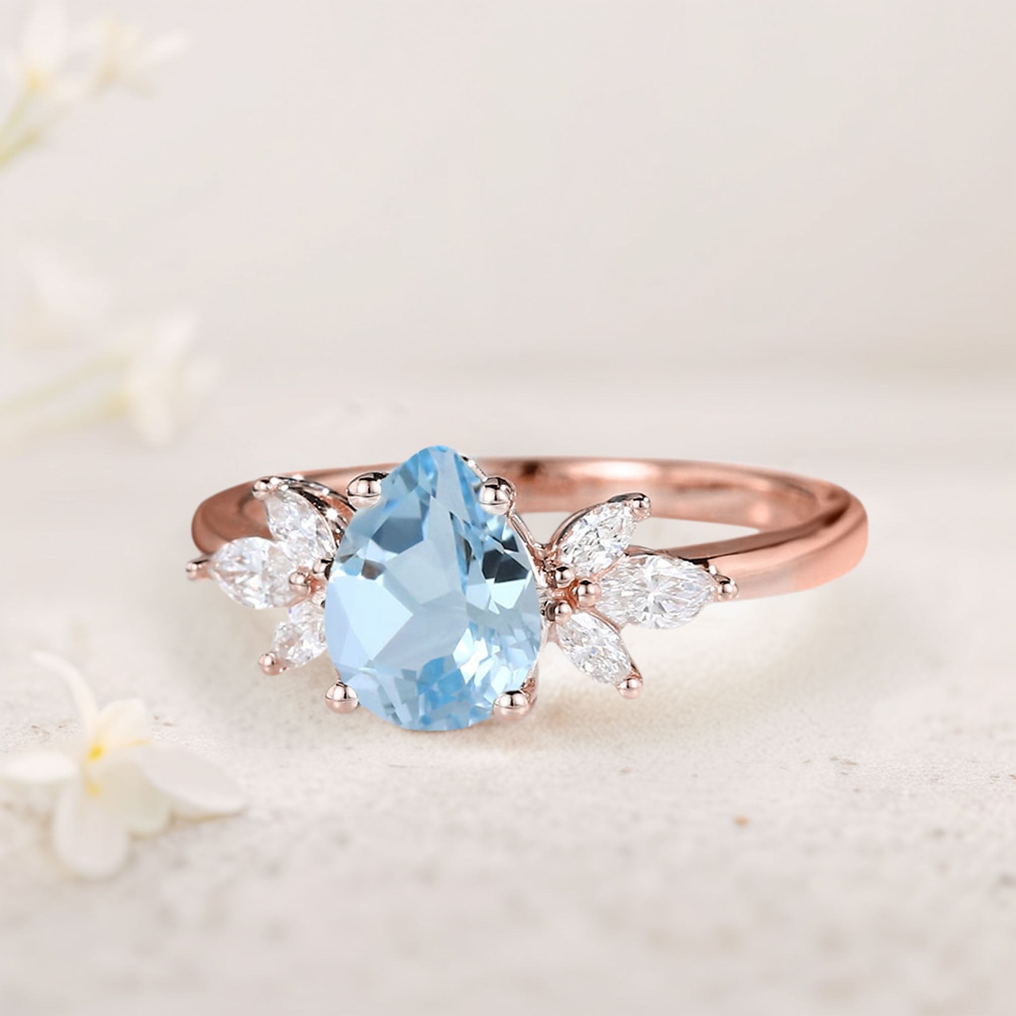 Unique Pear Lab Aquamarine 18K Rose Gold Engagement Ring Simple Cluster Bridal Ring
