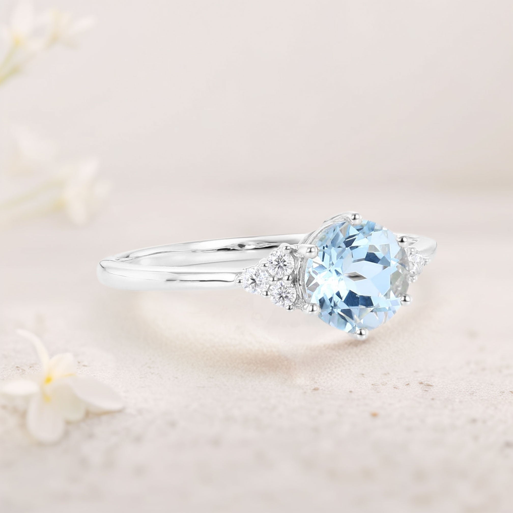 Unique Round Lab Aquamarine 18K White Gold Engagement Rings Cluster Promise Ring