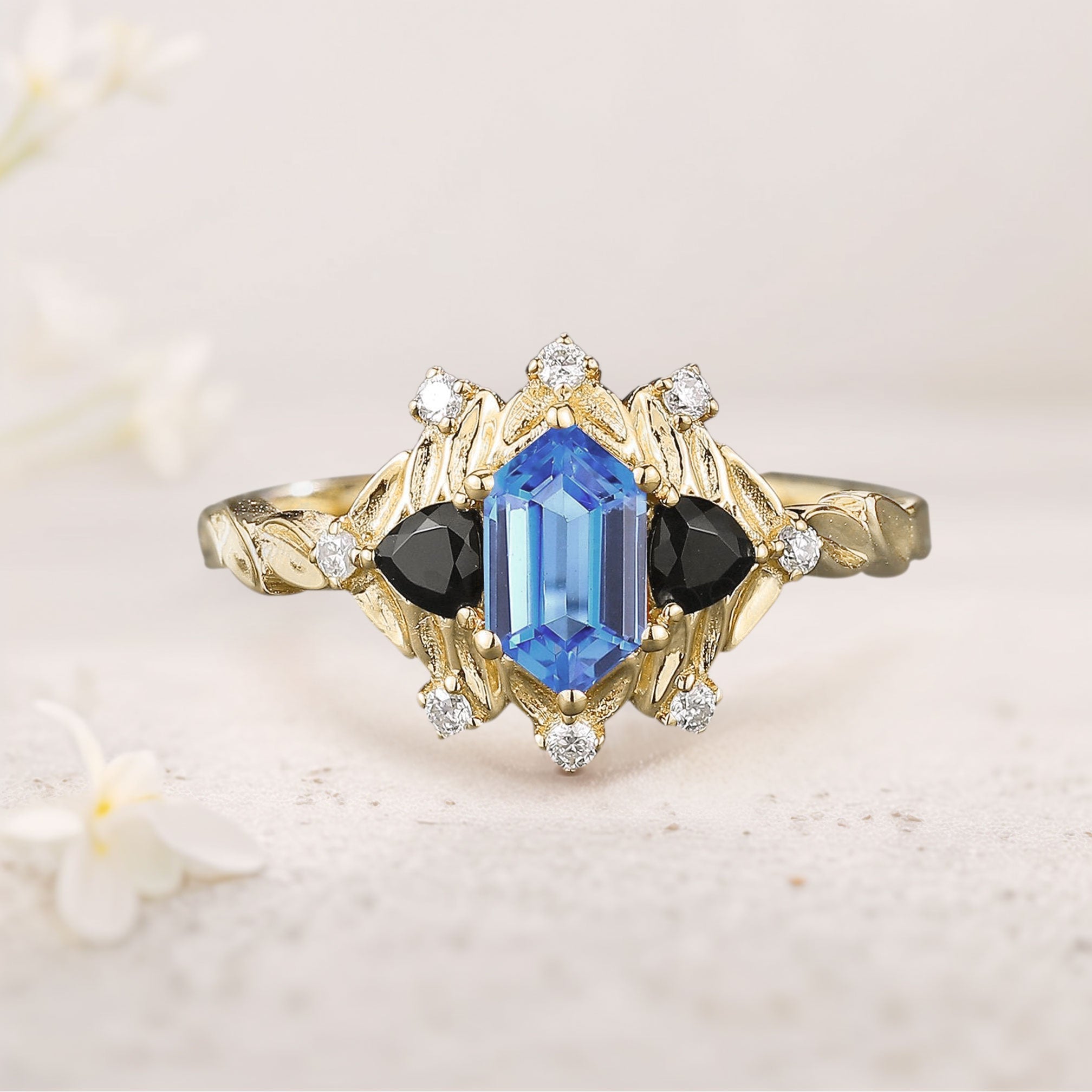 Unique Long Hexagon Lab Sapphire and Black Onyx Leaf 18K Yellow Gold Engagement Ring Wedding Ring for Women