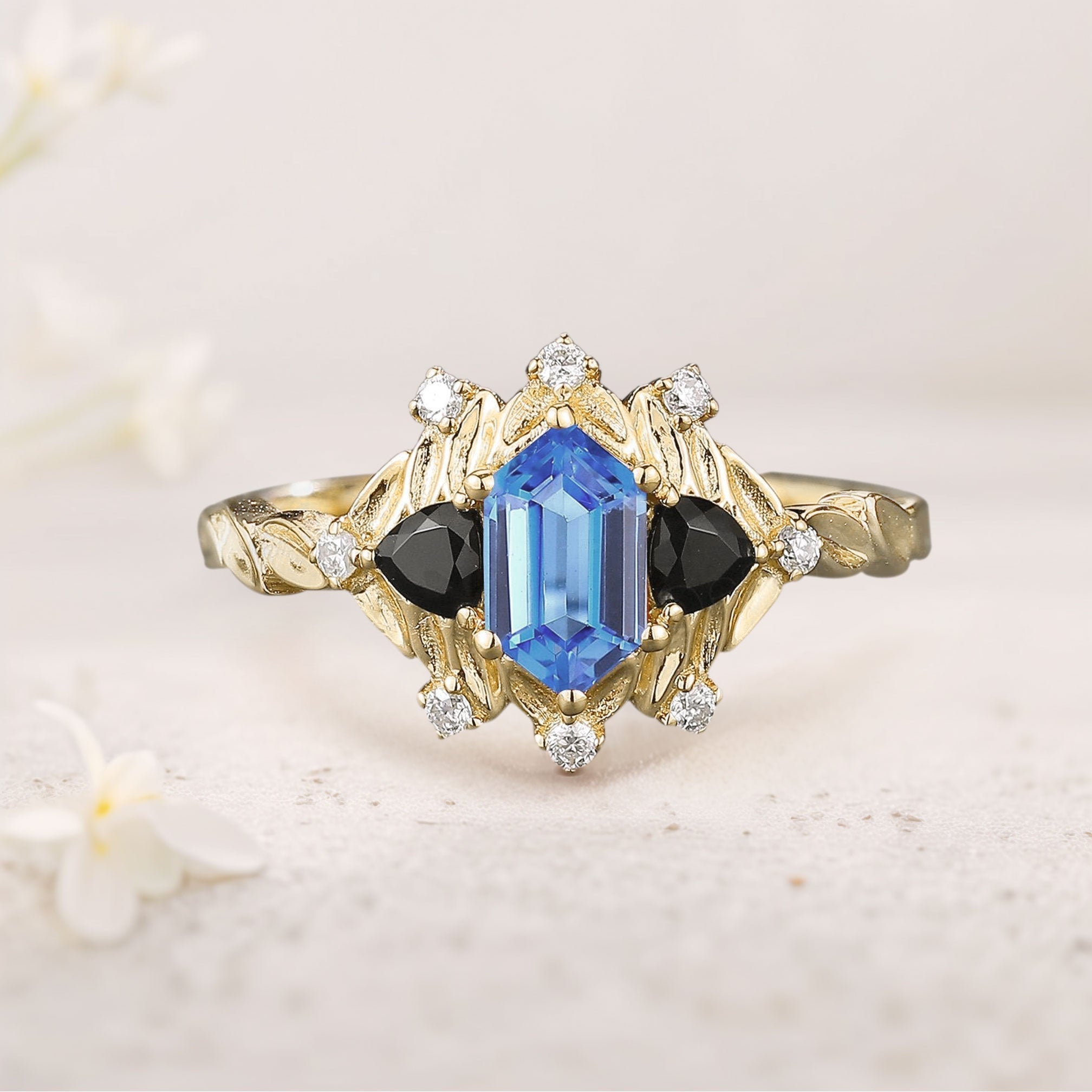 Unique Long Hexagon Lab Sapphire and Black Onyx Leaf 18K Yellow Gold Engagement Ring Wedding Ring for Women