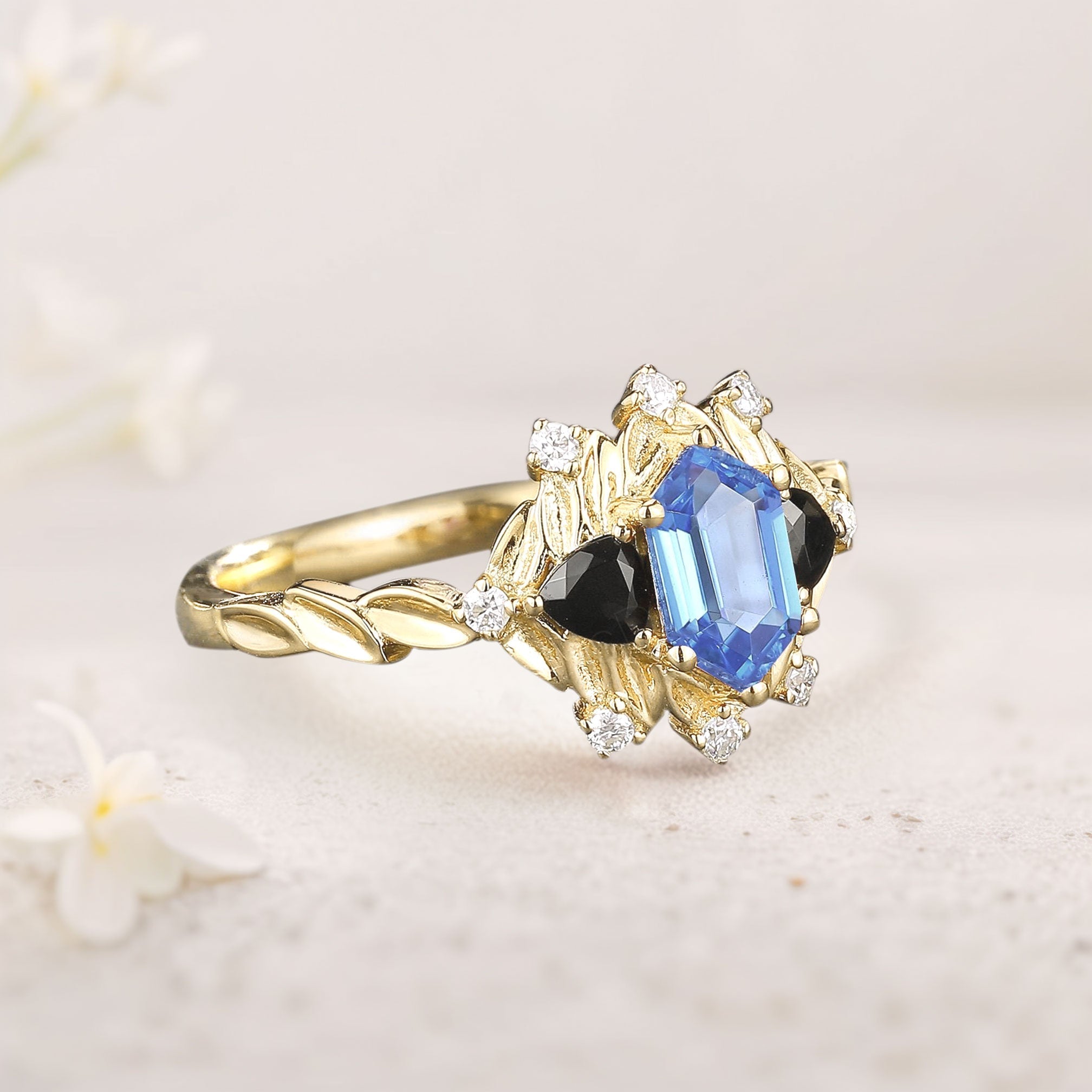 Unique Long Hexagon Lab Sapphire and Black Onyx Leaf 18K Yellow Gold Engagement Ring Wedding Ring for Women