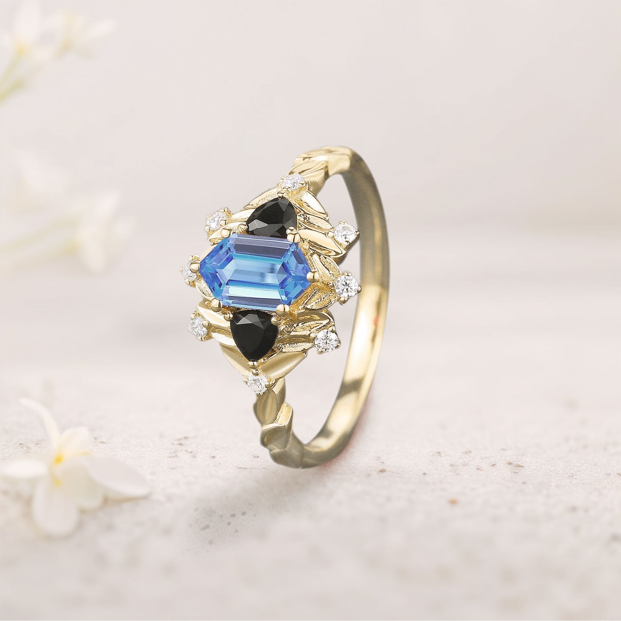 Unique Long Hexagon Lab Sapphire and Black Onyx Leaf 18K Yellow Gold Engagement Ring Wedding Ring for Women