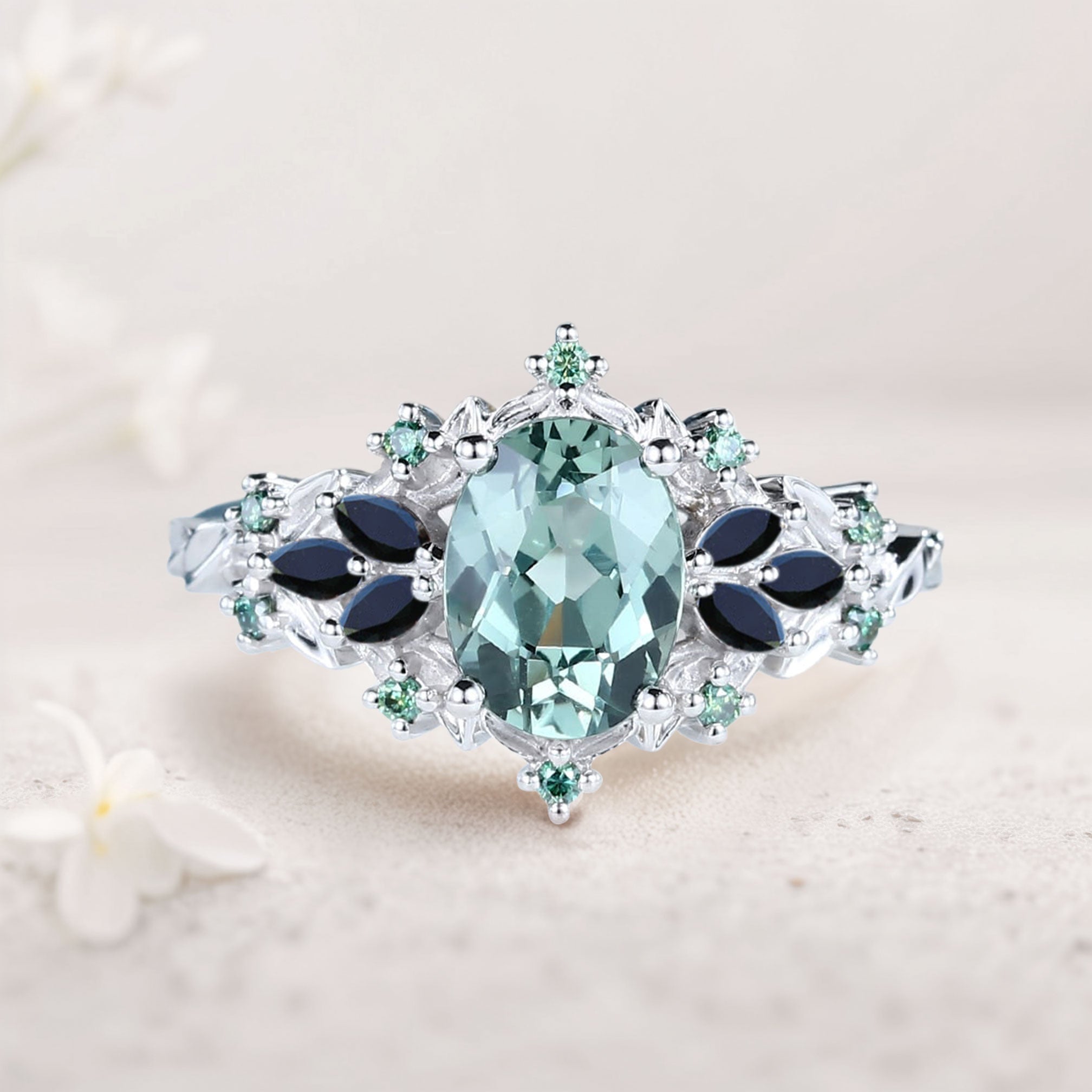 Unique Starlight Oval Green Lab Sapphire and Black Onyx 18K Rose Gold Engagement Ring
