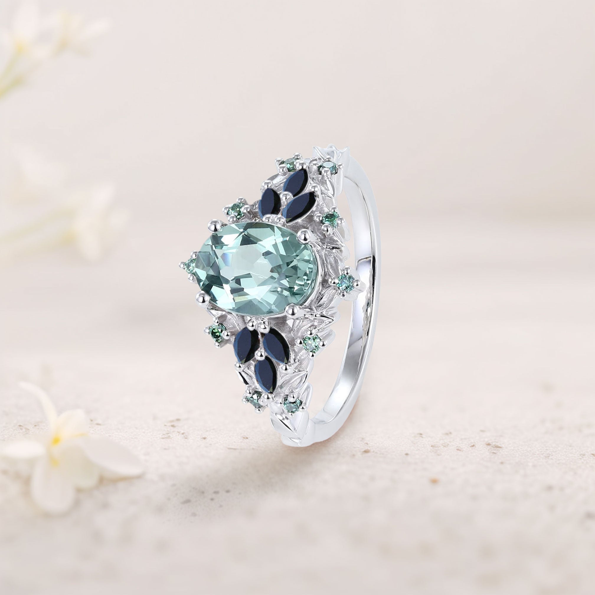 Unique Starlight Oval Green Lab Sapphire and Black Onyx 18K Rose Gold Engagement Ring