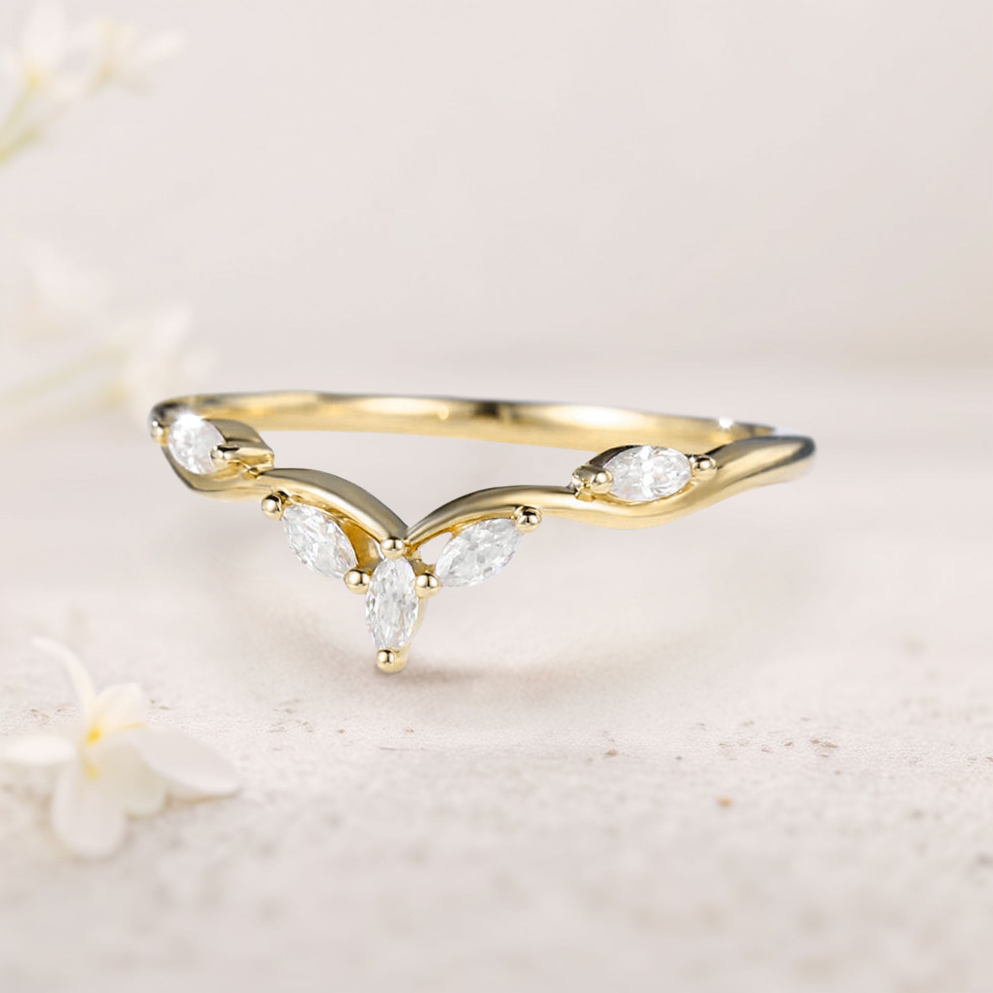 Unique Marquise Moissanite Curved Wedding Band Stacked 18K Yellow Gold Wedding Ring