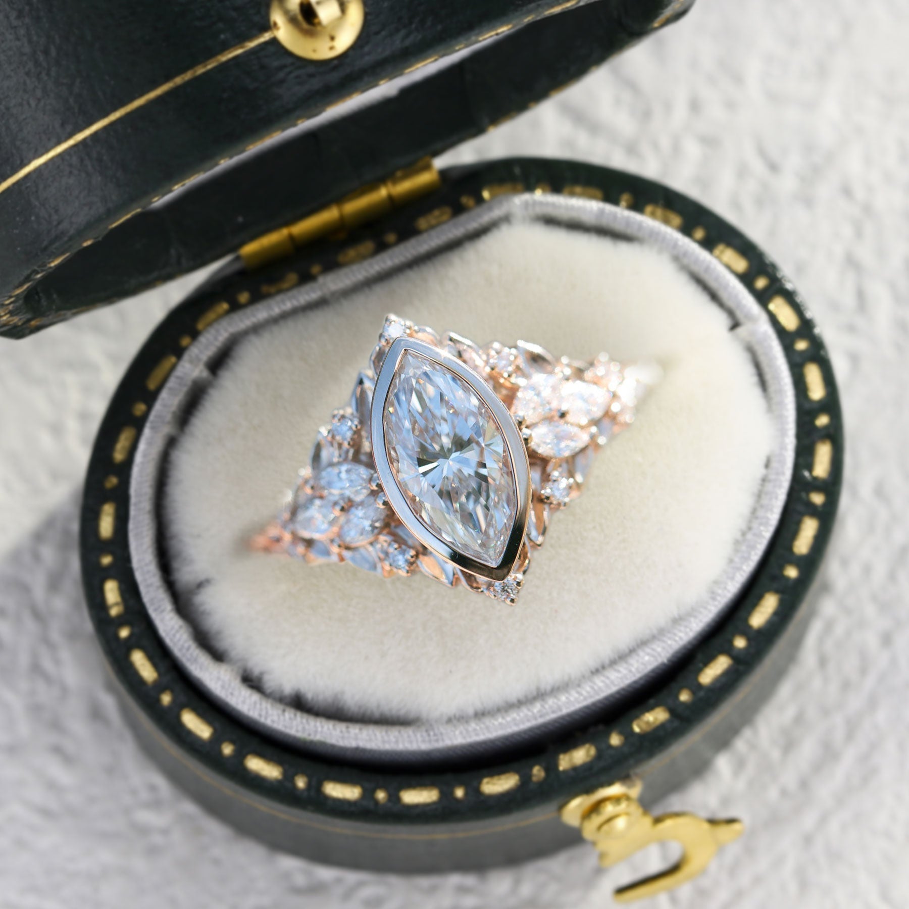 Unique Briar Rose Starlight Bezel Marquise Moissanite 18K Rose Gold Ring