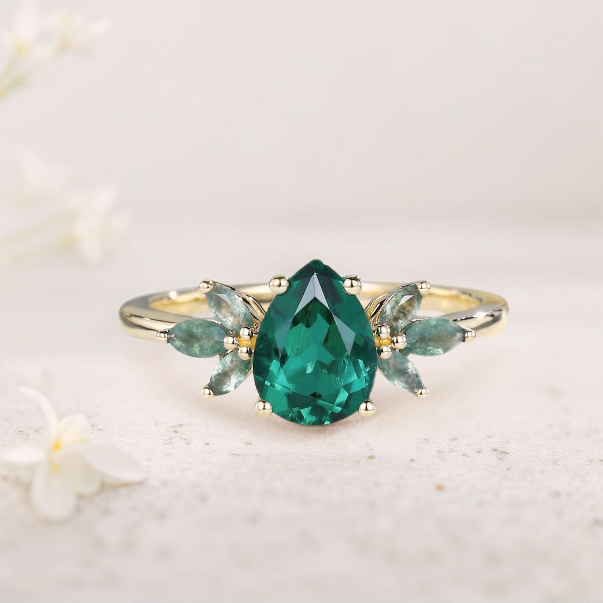 Unique Pear Lab Emerald Ring Petal Moss Agate Side Stones 18K Yellow Gold Engagement Ring