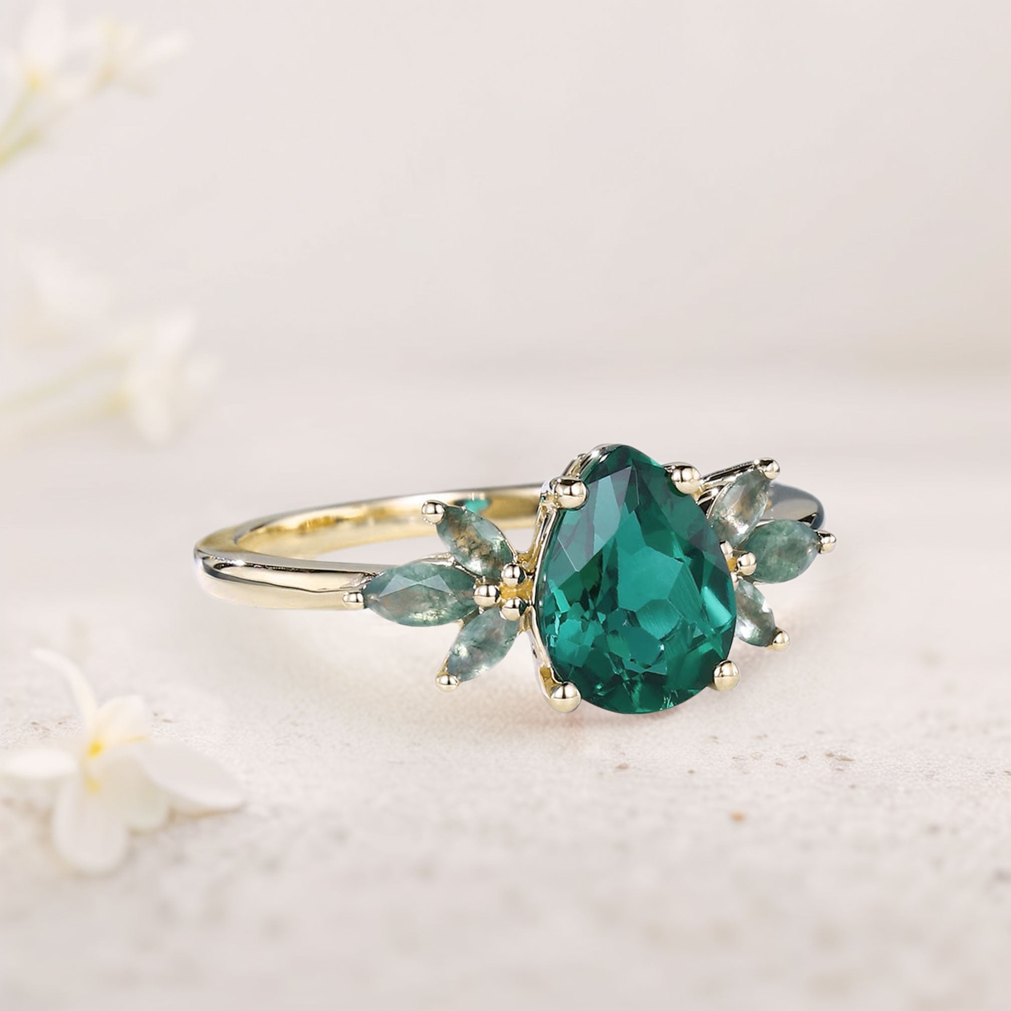 Unique Pear Lab Emerald Ring Petal Moss Agate Side Stones 18K Yellow Gold Engagement Ring