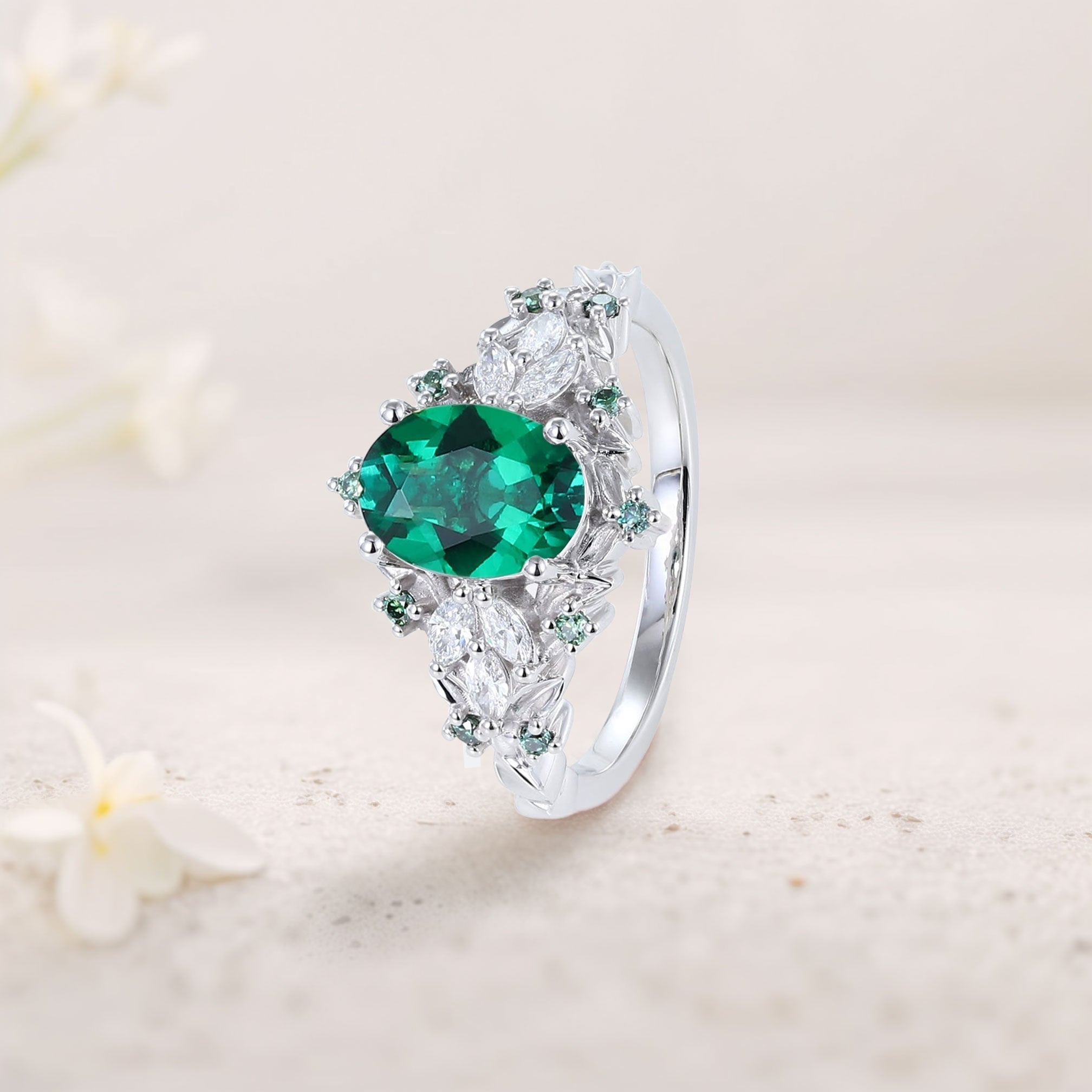 Unique Starlight Oval Lab Emerald 18K White Gold Engagement Ring