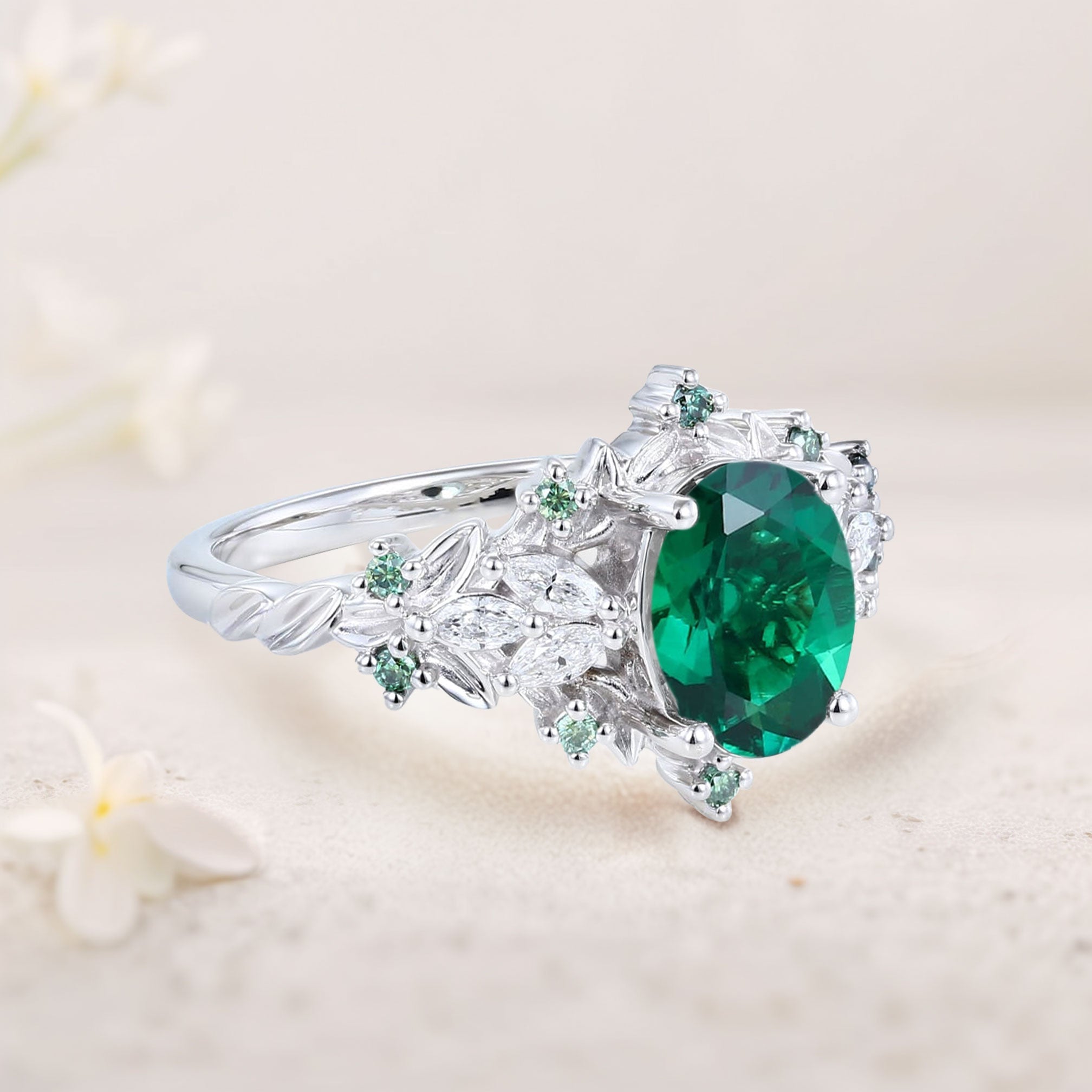 Unique Starlight Oval Lab Emerald 18K White Gold Engagement Ring