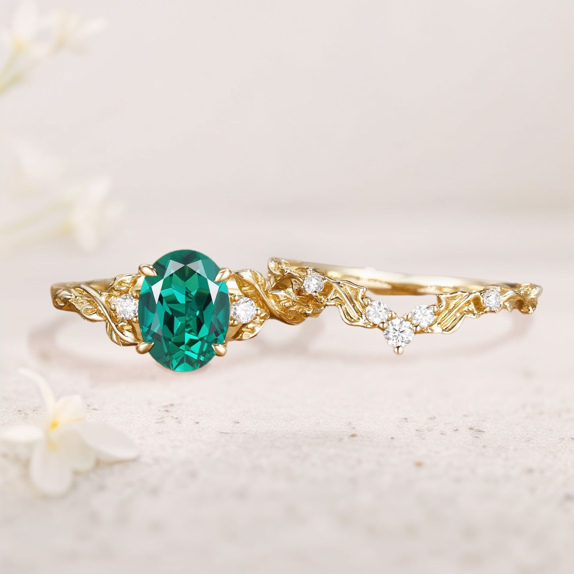 Unique floral engagement rings Oval Lab Emerald Leaf Branch 18K Yellow Gold Engagement Ring Set