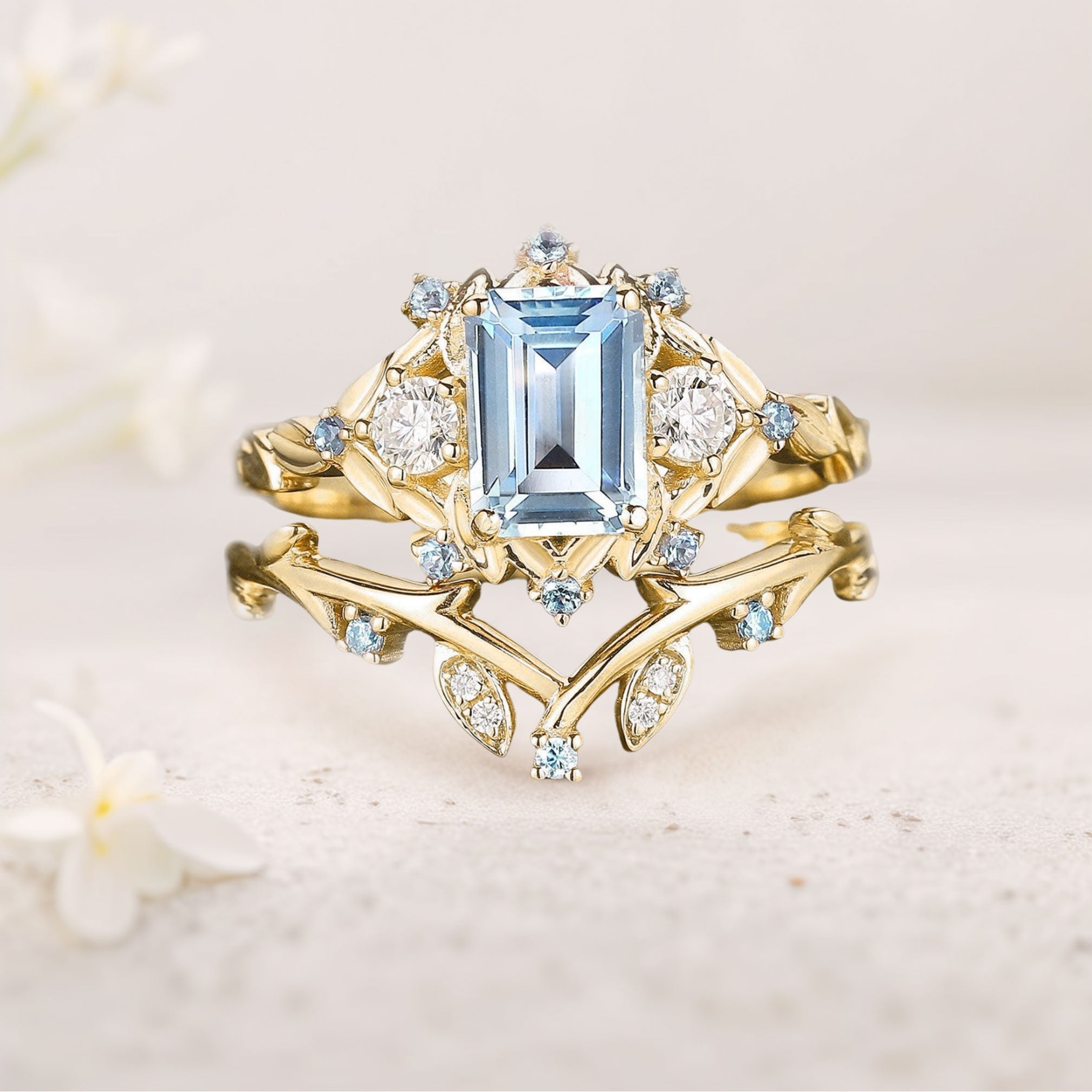 Unique floral engagement rings Emerald Cut Lab Aquamarine Floral 18K Yellow Gold Wedding Ring Promise Bridal Set