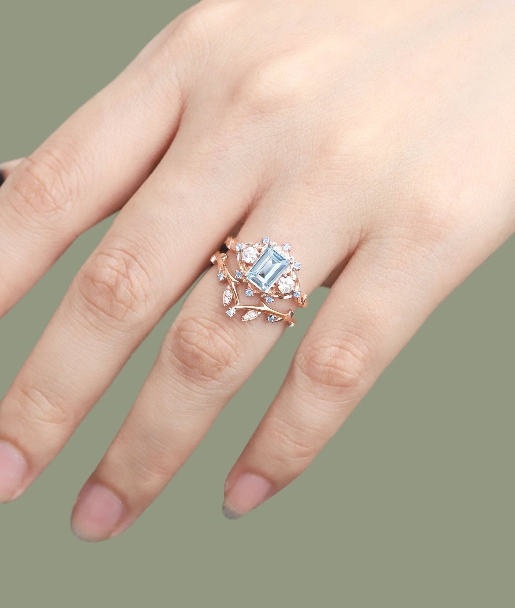 Unique floral engagement rings Emerald Cut Lab Aquamarine Floral 18K Yellow Gold Wedding Ring Promise Bridal Set