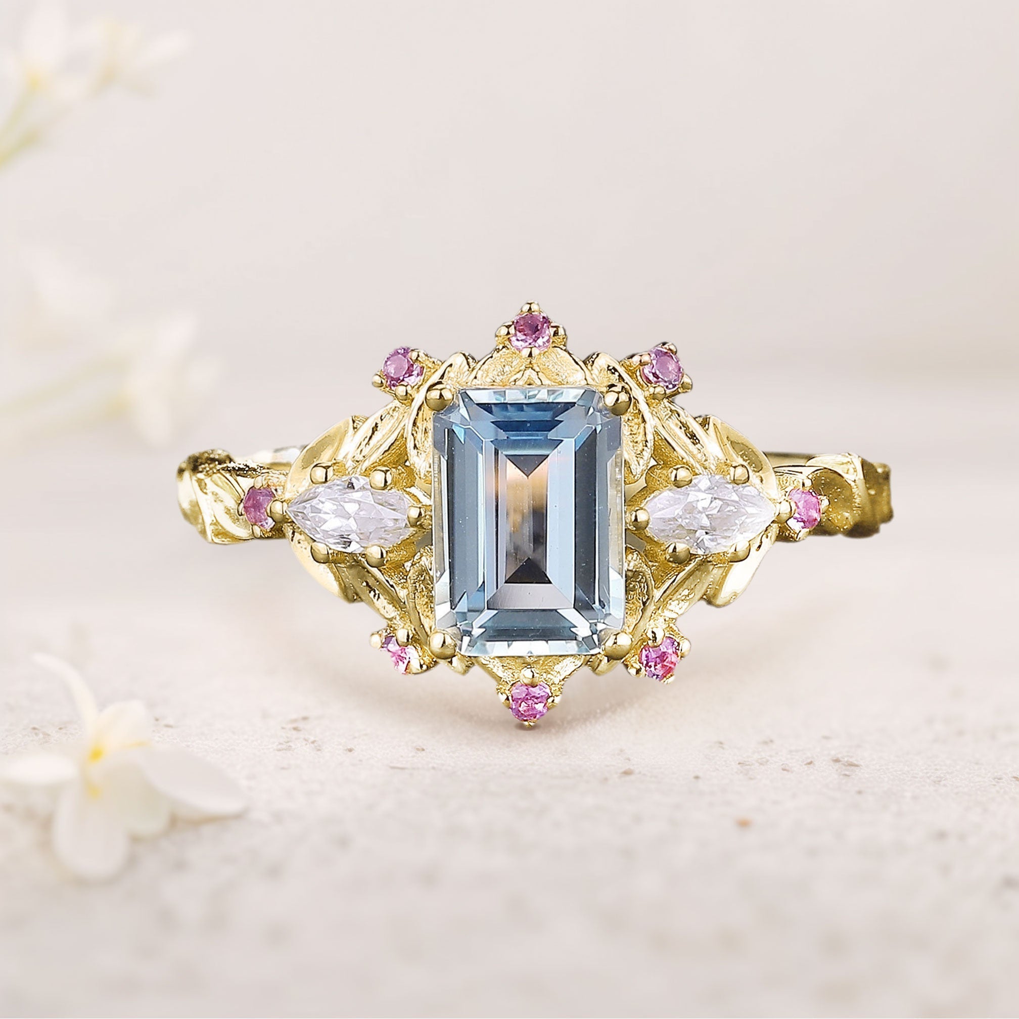 Unique floral engagement rings Emerald Cut Lab Aquamarine Engagement Ring Pink Sapphire Flower 18K Yellow Gold Wedding Ring