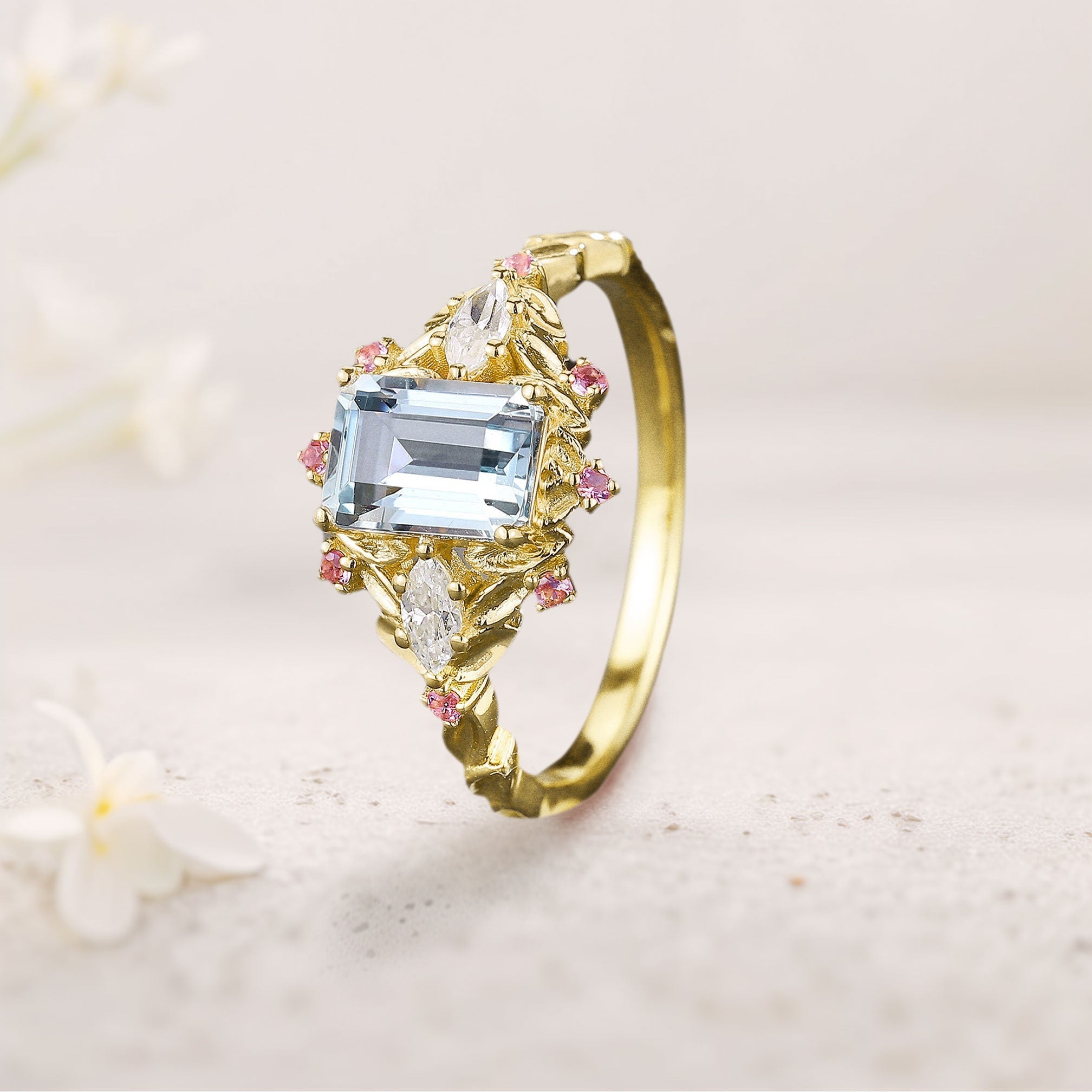 Unique floral engagement rings Emerald Cut Lab Aquamarine Engagement Ring Pink Sapphire Flower 18K Yellow Gold Wedding Ring