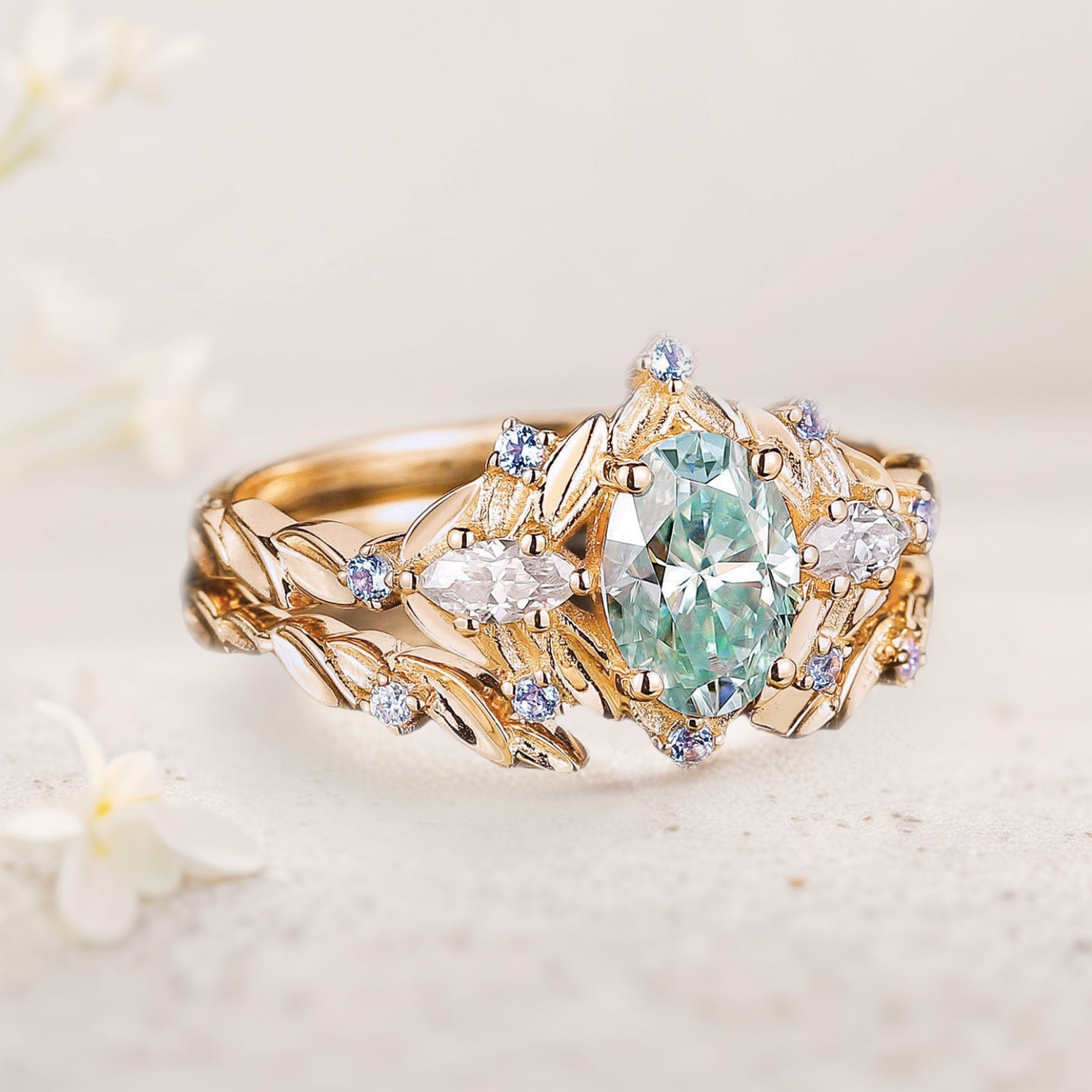 Vintage floral engagement rings Oval Green Moissanite 18K Yellow Gold Engagement Ring set Sapphire leaf Ring set