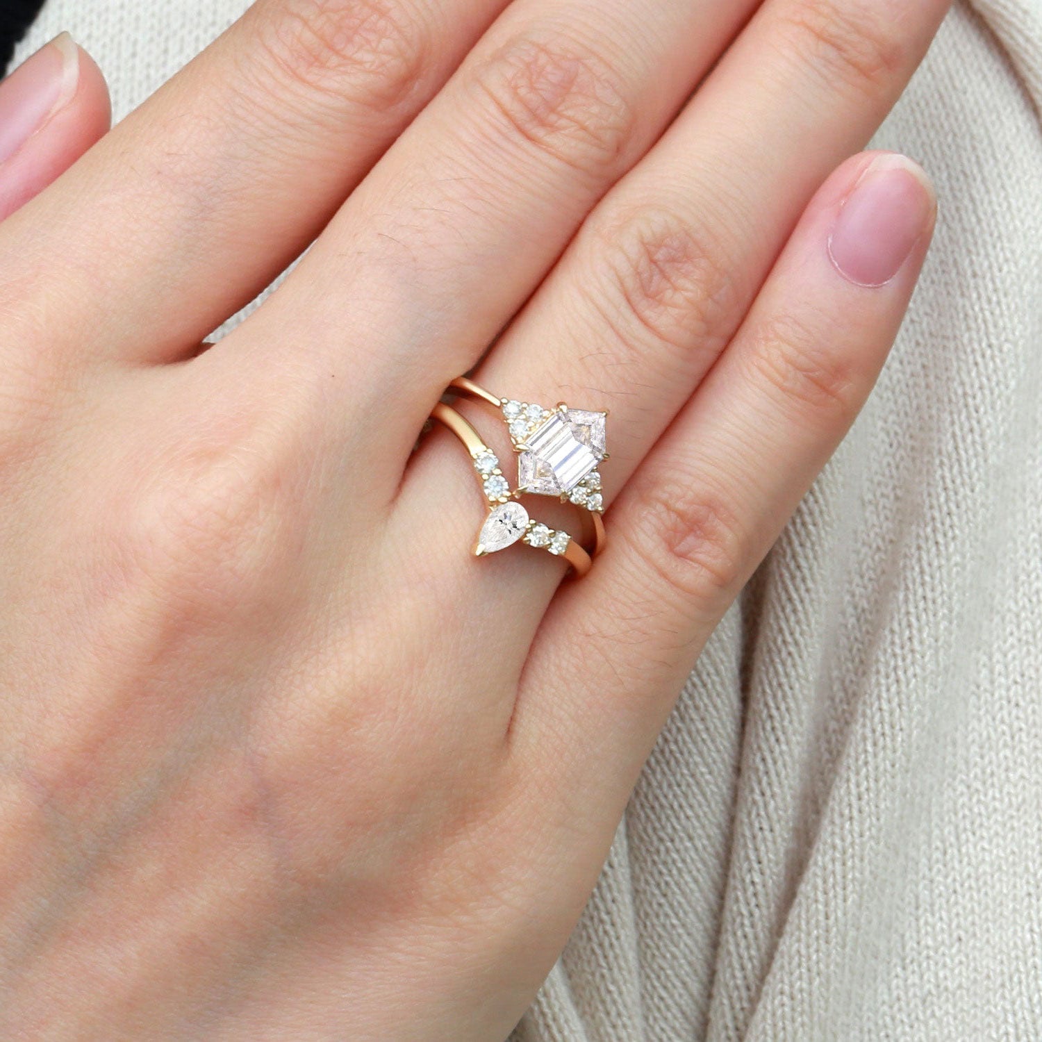 Unique floral engagement rings Long Hexagon Moissanite 18K Yellow Gold Wedding Ring Set Bridal Ring Set