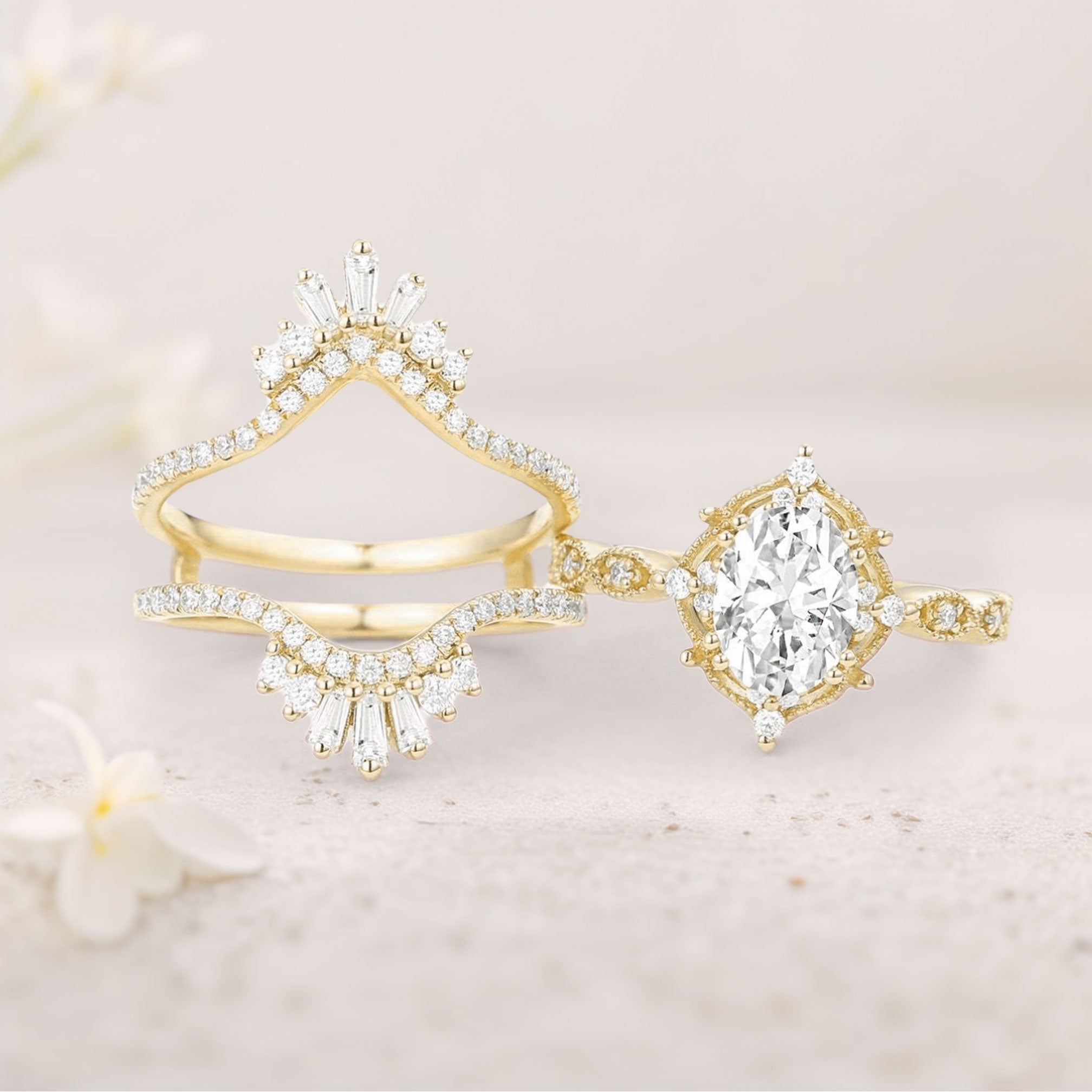 Vintage floral engagement rings Oval Moissanite 18K Yellow Gold Cage Flower Ring Set Bridal Ring Set