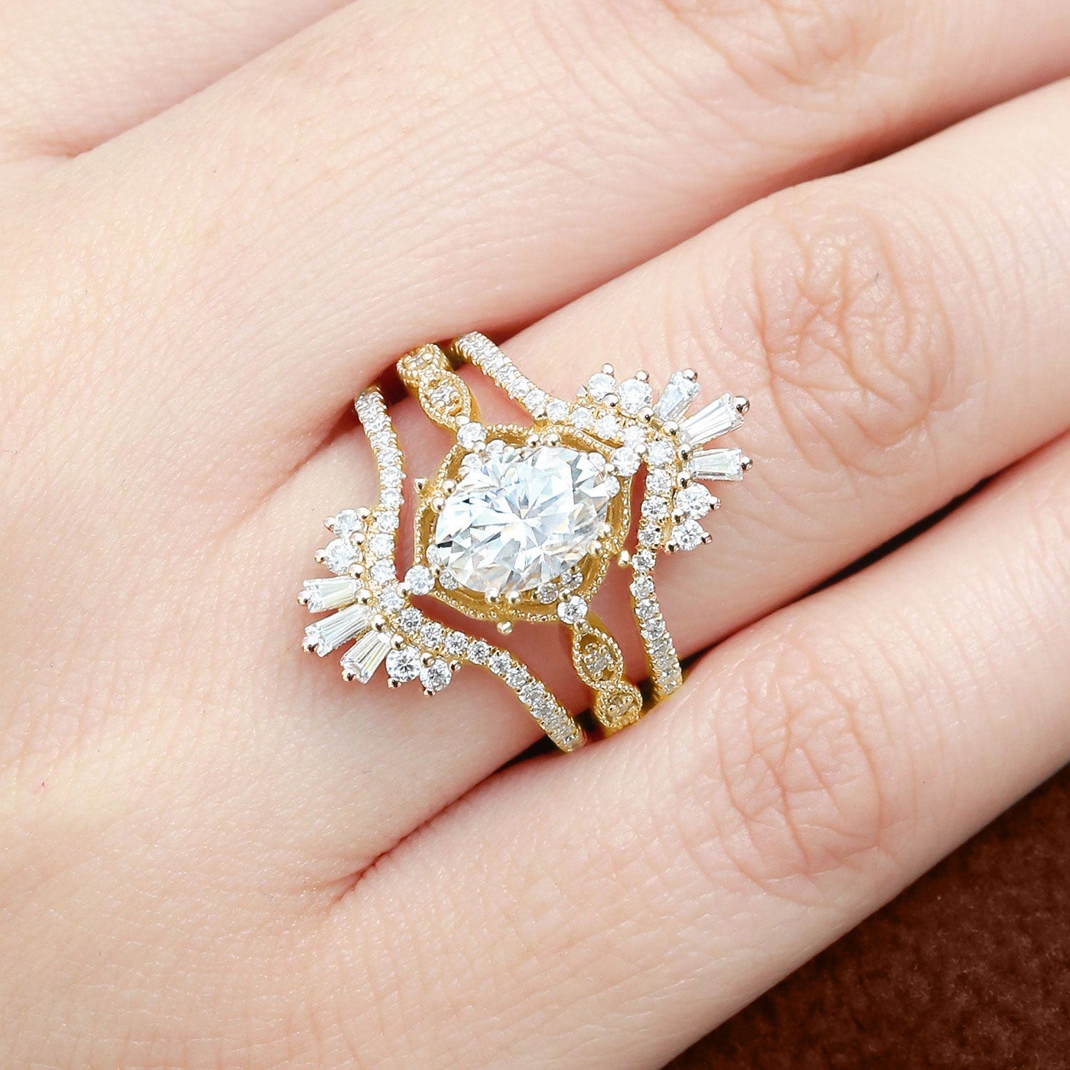 Vintage floral engagement rings Oval Moissanite 18K Yellow Gold Cage Flower Ring Set Bridal Ring Set