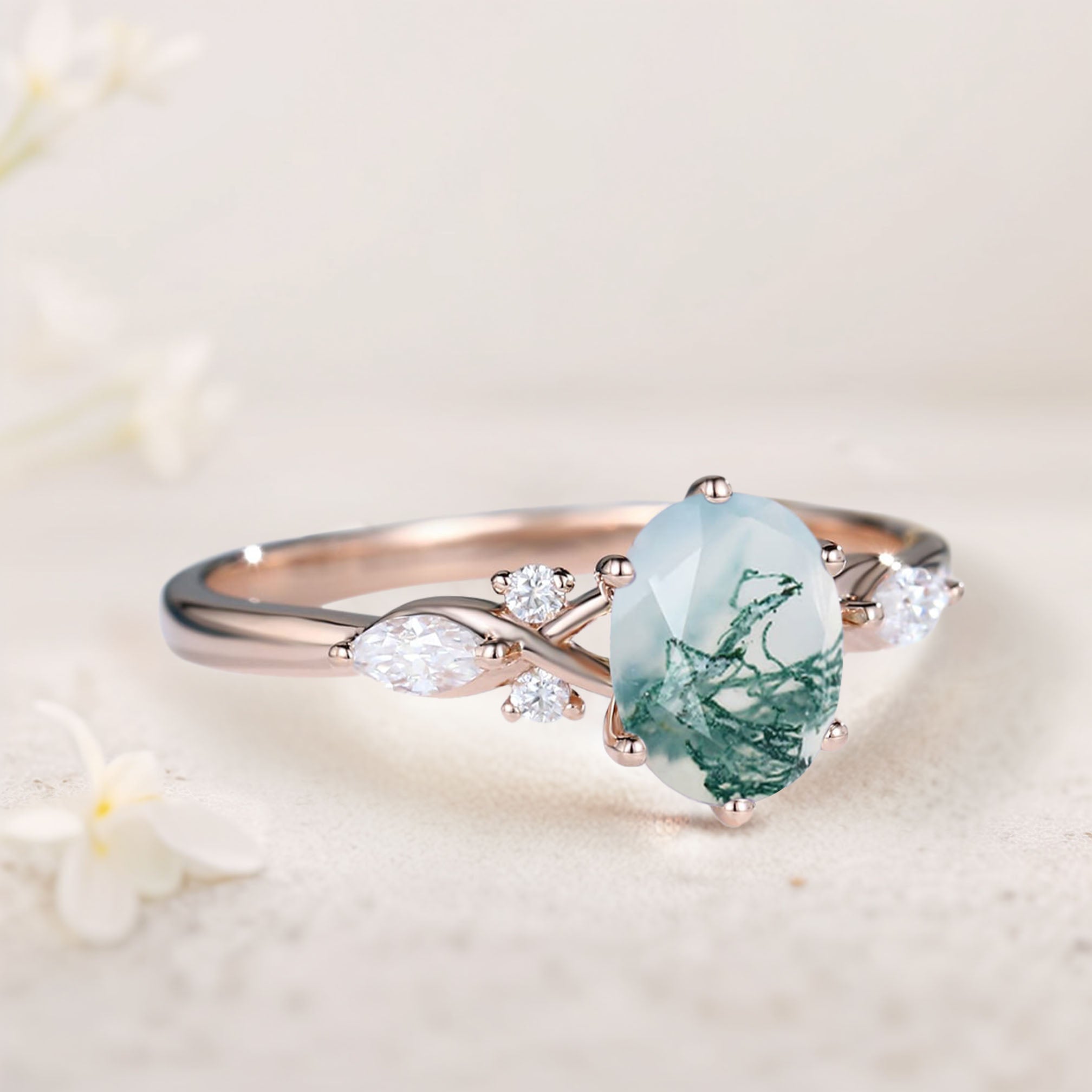 Vintage Oval Moss Agate and Moissanite 18K Rose Gold Engagement Ring