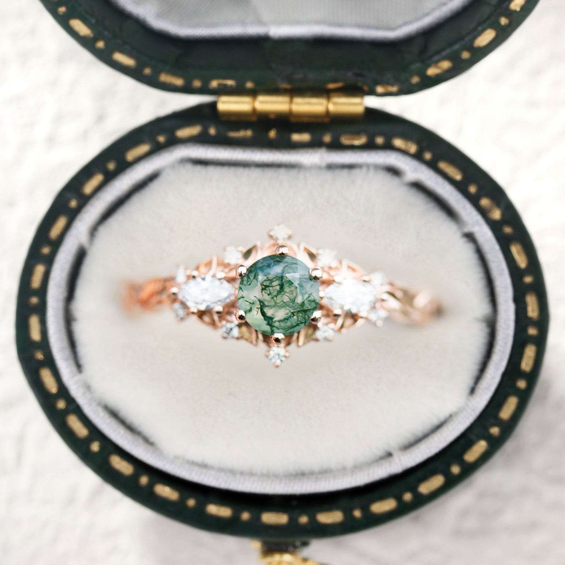 Unique Briar Rose Round Moss Agate and Moissanite 18k Yellow Gold Ring