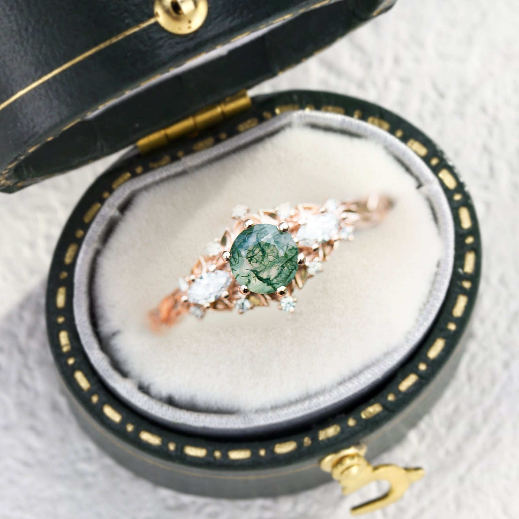 Unique Briar Rose Round Moss Agate and Moissanite 18k Yellow Gold Ring