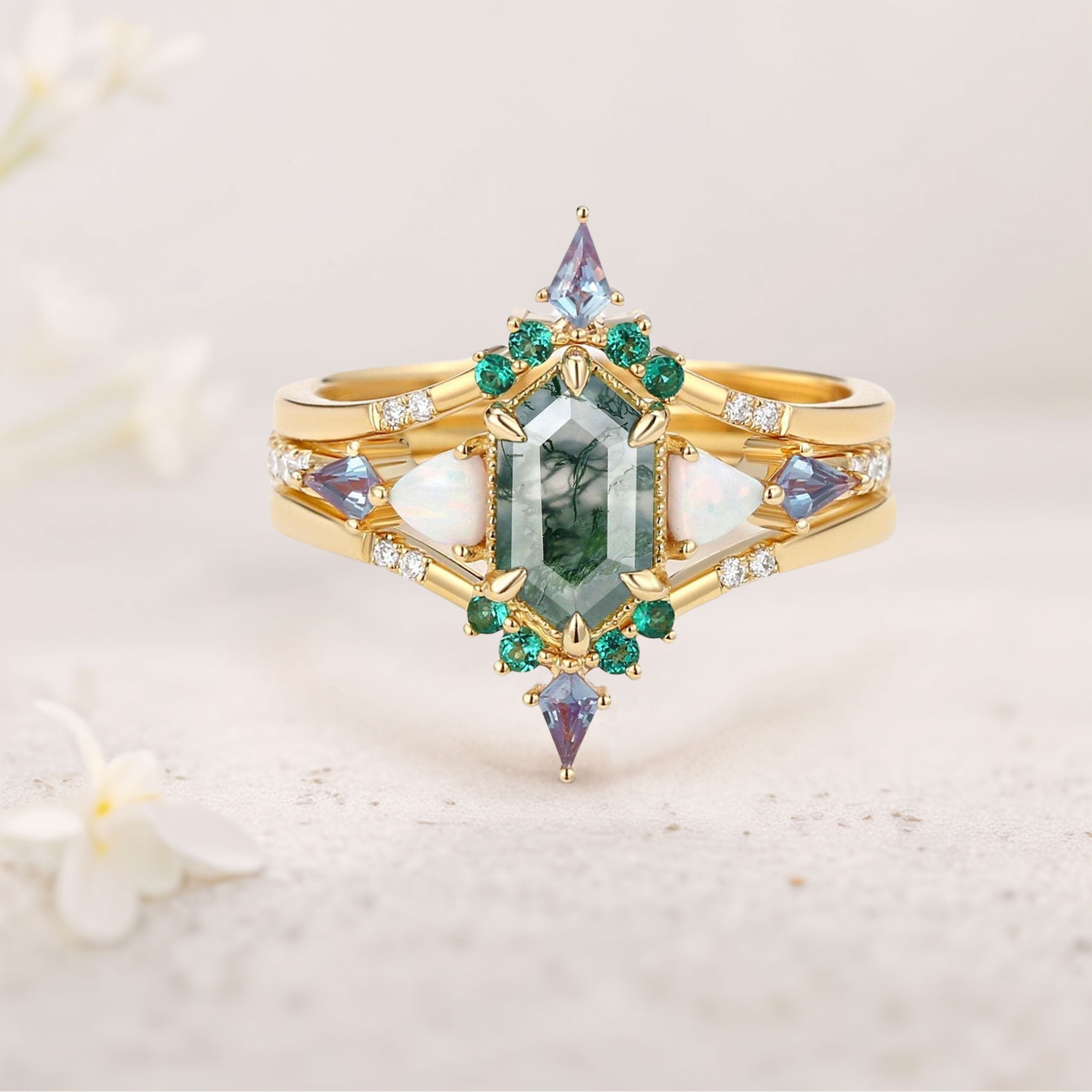 Unique Long Hexagon Moss Agate 18K Yellow Gold Engagement Ring Set with Opal, Alexandrite, Emerald Accents