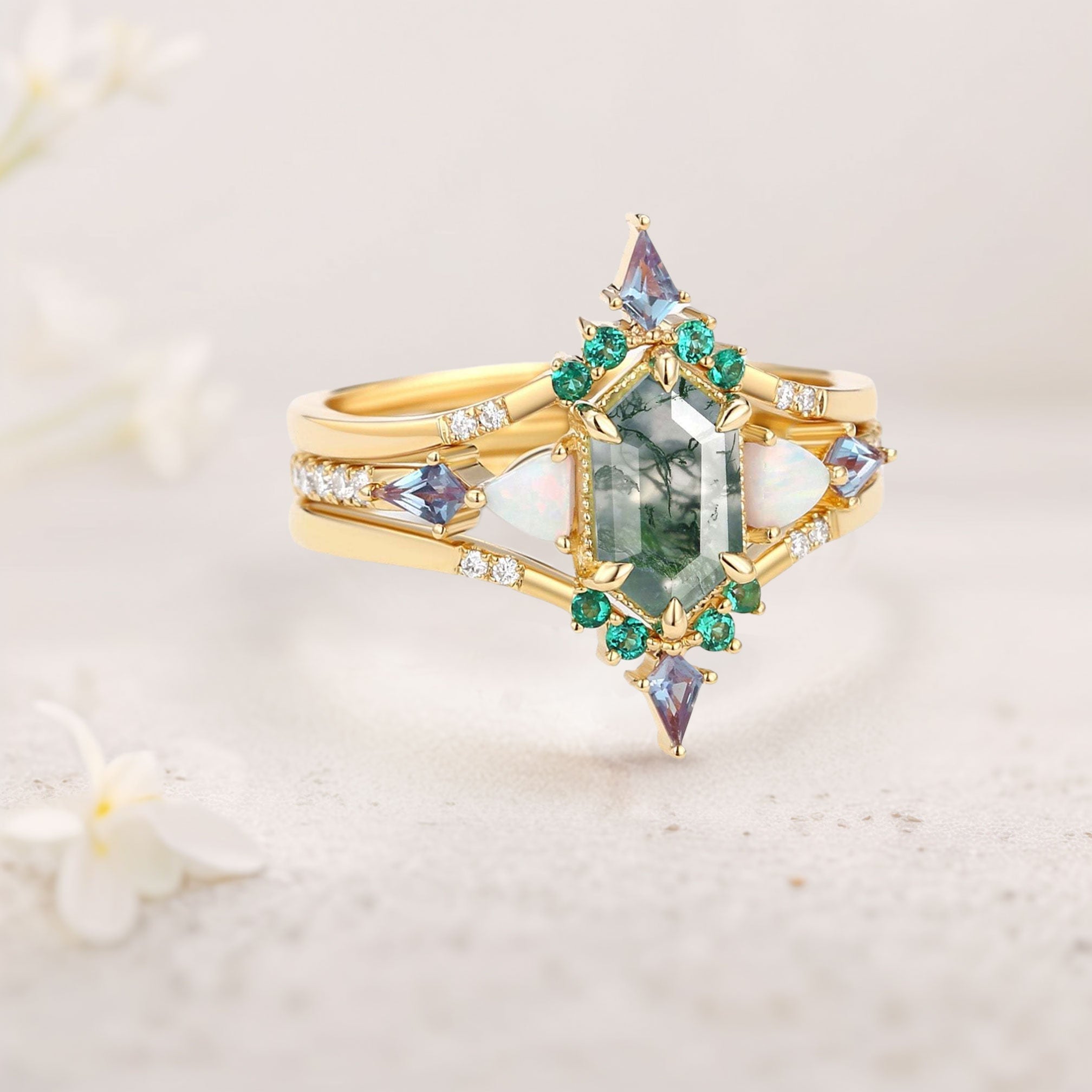 Unique floral engagement rings Long Hexagon Moss Agate 18K Yellow Gold Engagement Ring Set with Opal, Alexandrite, Emerald Accents