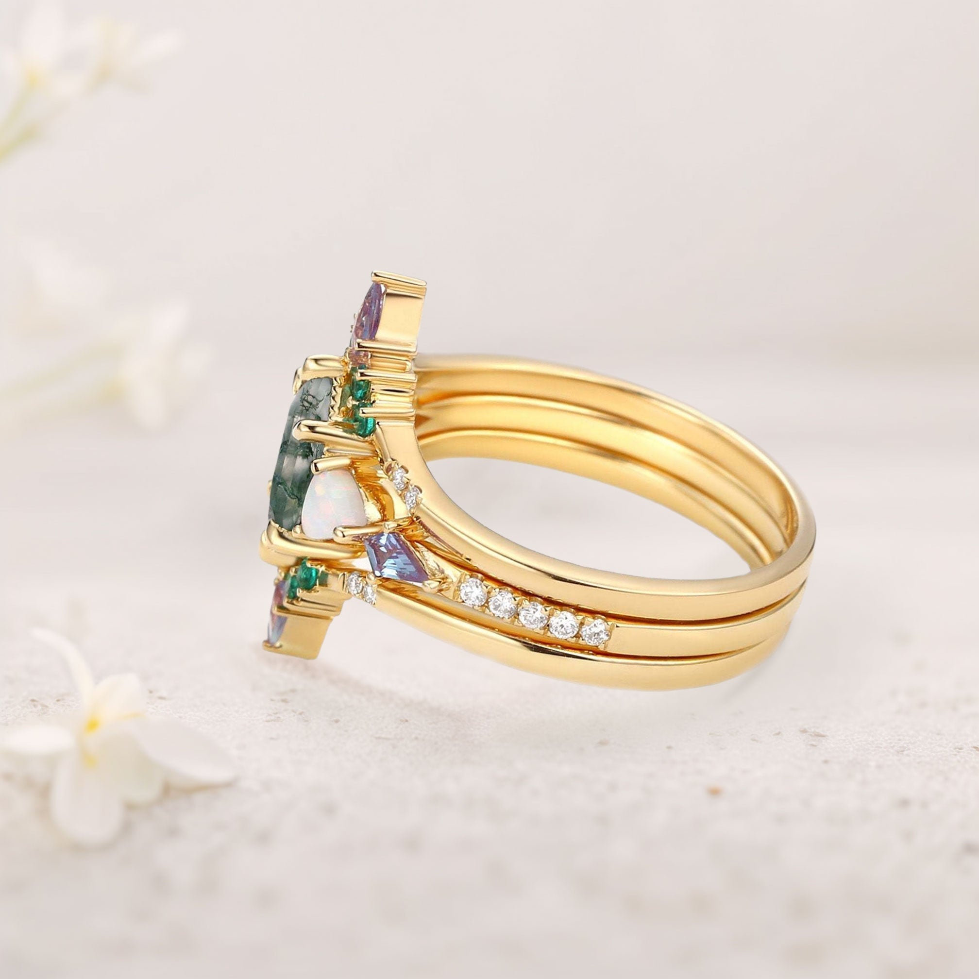 Unique Long Hexagon Moss Agate 18K Yellow Gold Engagement Ring Set with Opal, Alexandrite, Emerald Accents