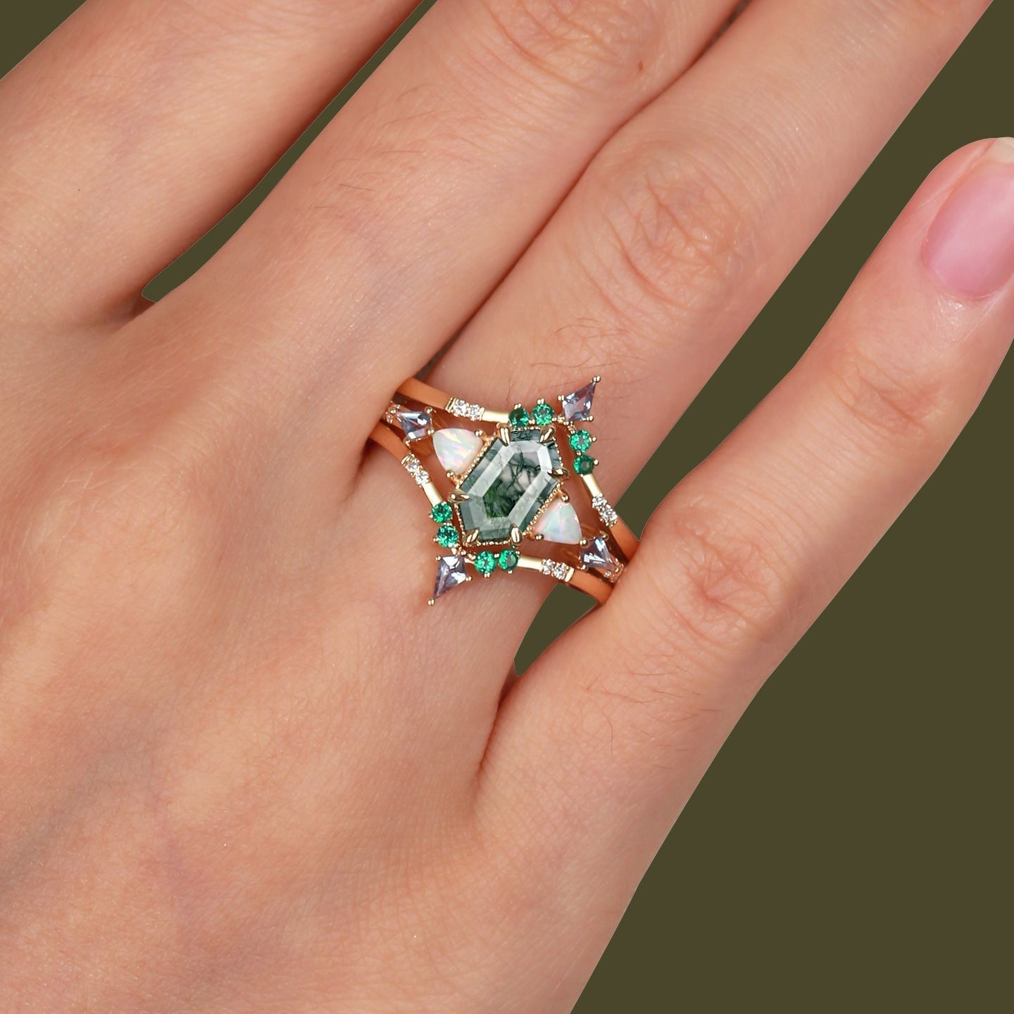 Unique floral engagement rings Long Hexagon Moss Agate 18K Yellow Gold Engagement Ring Set with Opal, Alexandrite, Emerald Accents