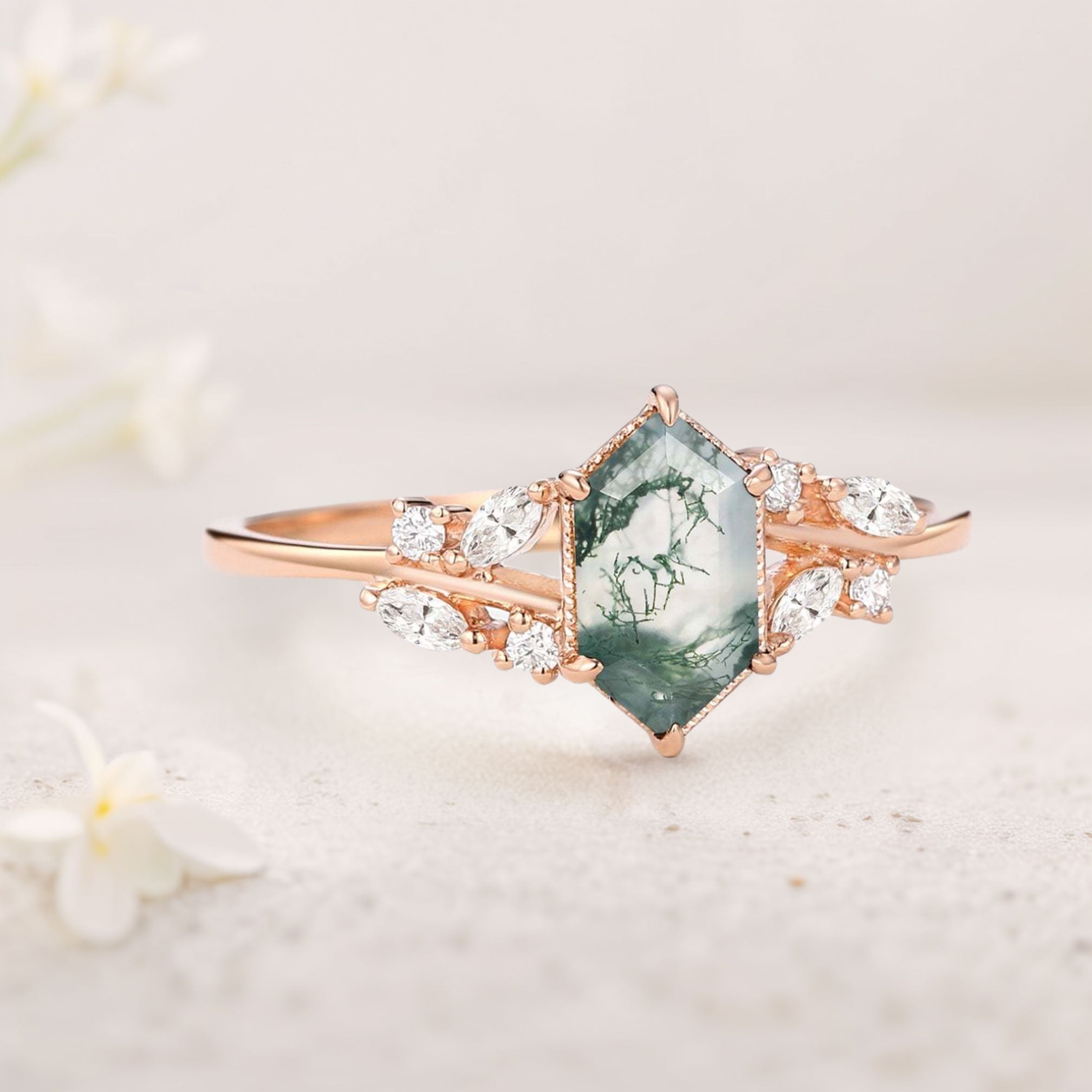 Unique floral engagement rings Hexagon Moss Agate Leafy Moissanite 18K Yellow Gold Vintage Engagement Ring