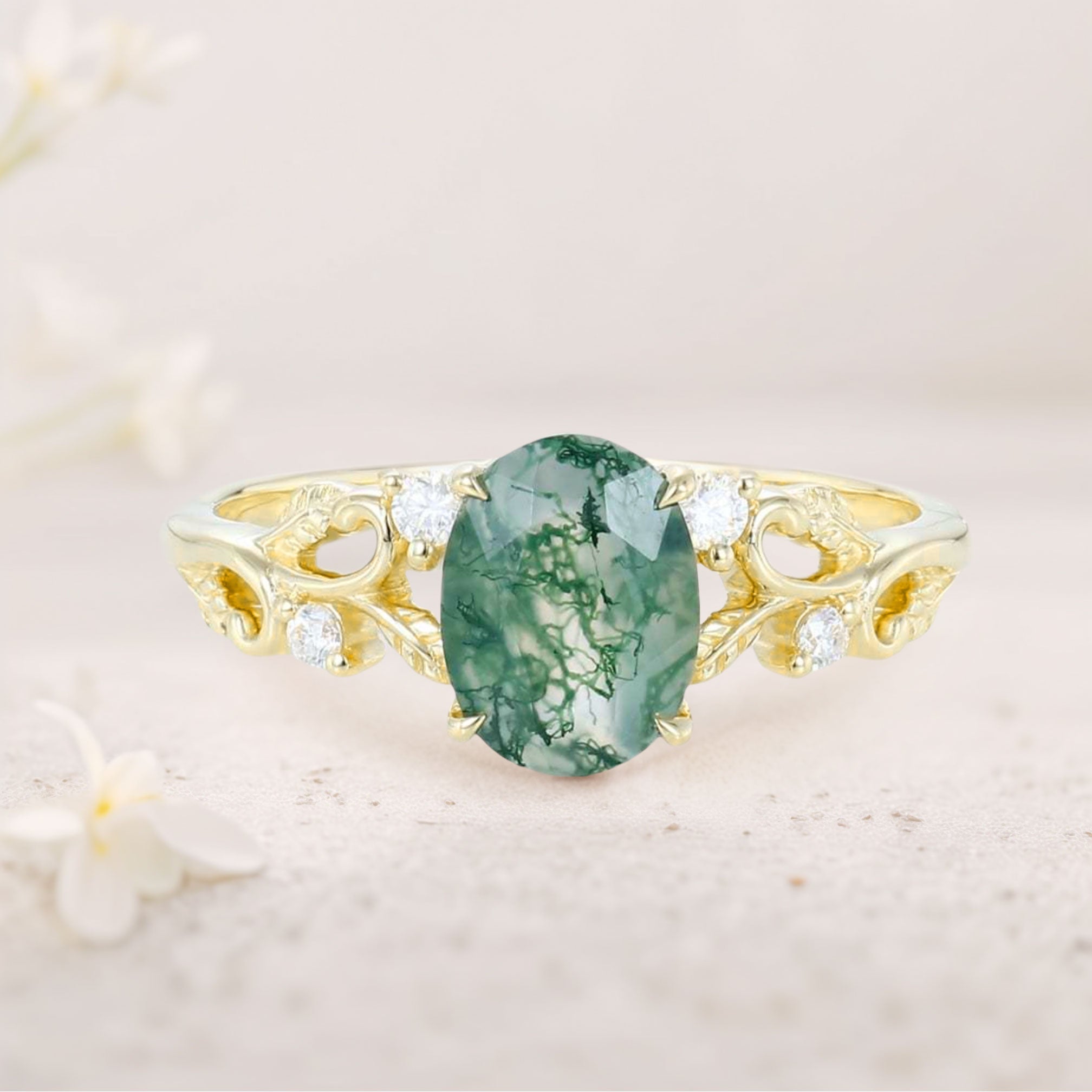 Unique floral engagement rings Oval Moss Agate Claw 18K Yellow Gold Engagement Ring Ornate Green Bridal Ring